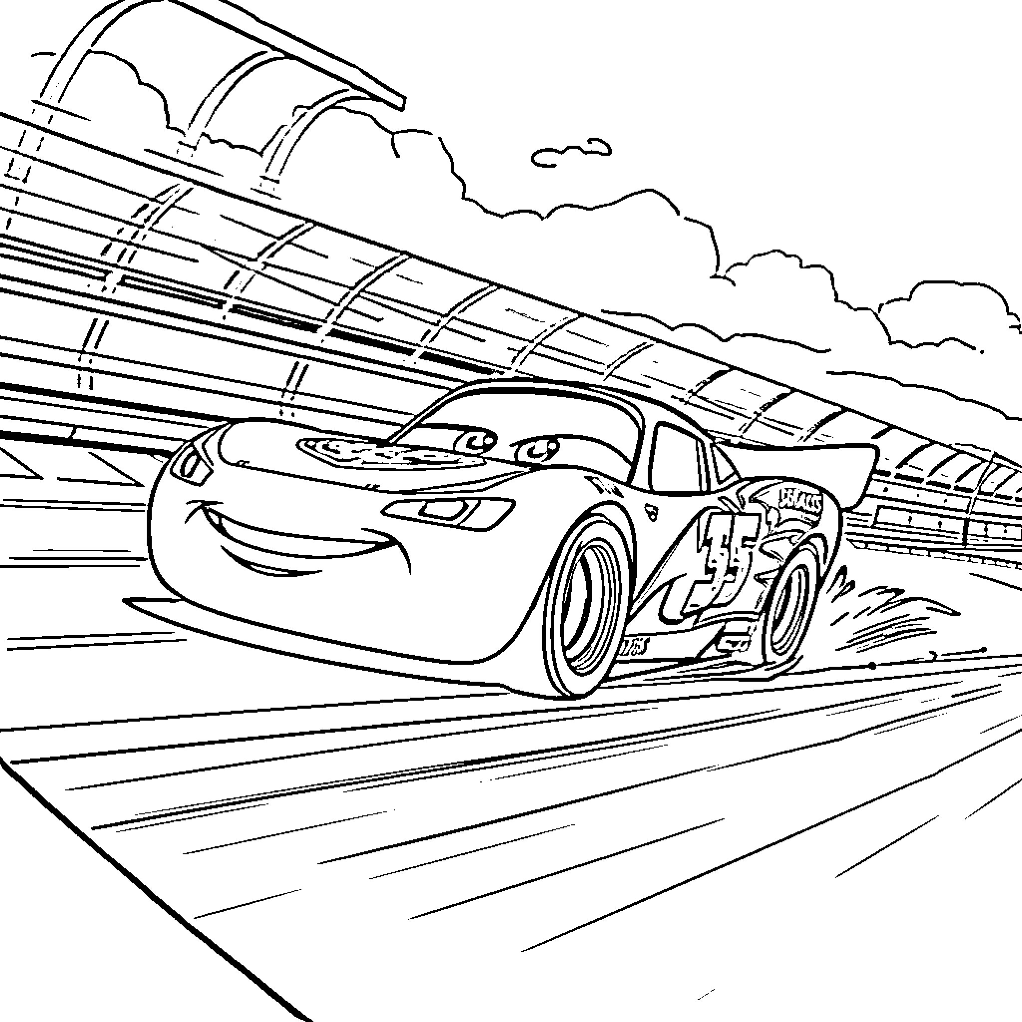 Lightning McQueen racing on the track Coloring Page (free black-and-white line drawing printable PDF for all, from beginners to advanced learners, including children, teens, adults, and seniors)