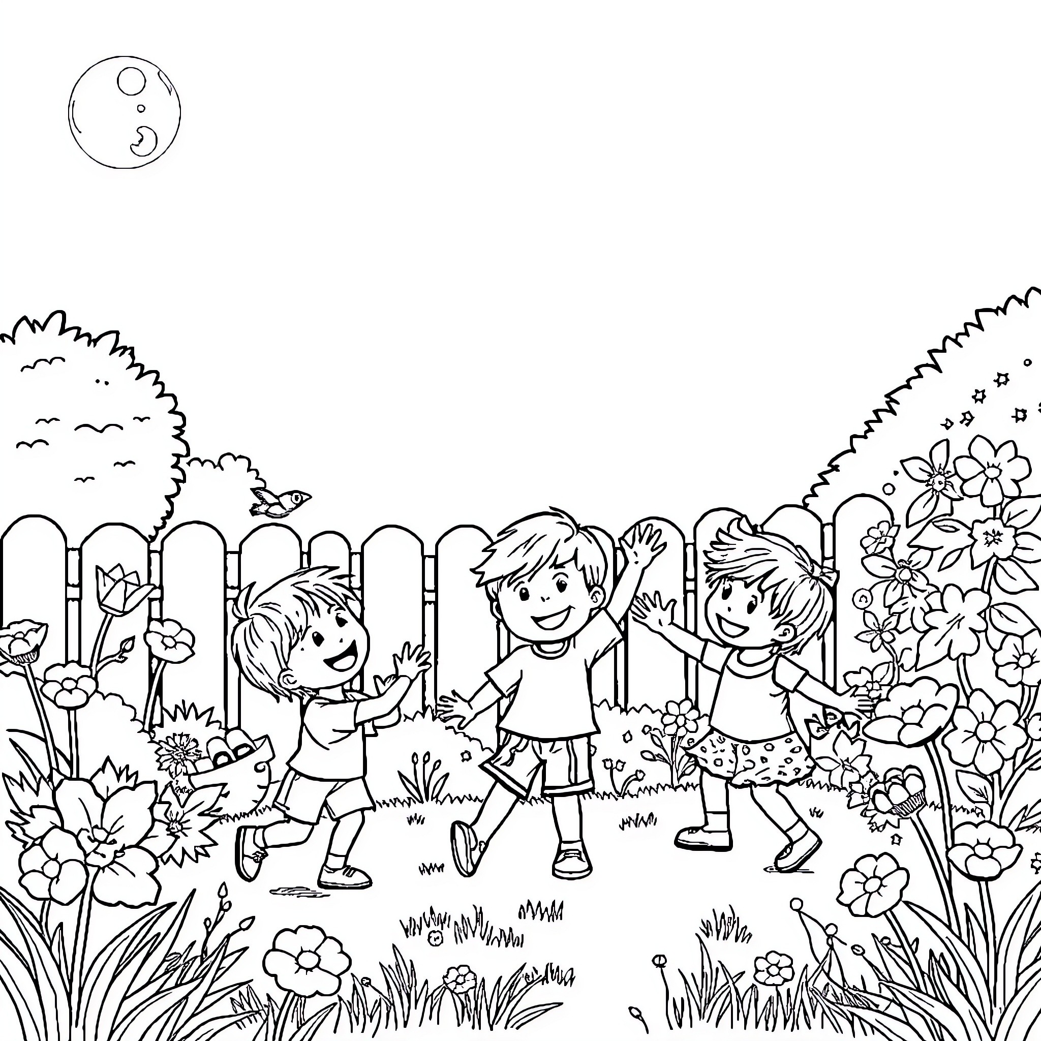 Kids playing joyfully in the garden Coloring Page (free black-and-white line drawing printable PDF for all, from beginners to advanced learners, including children, teens, adults, and seniors)