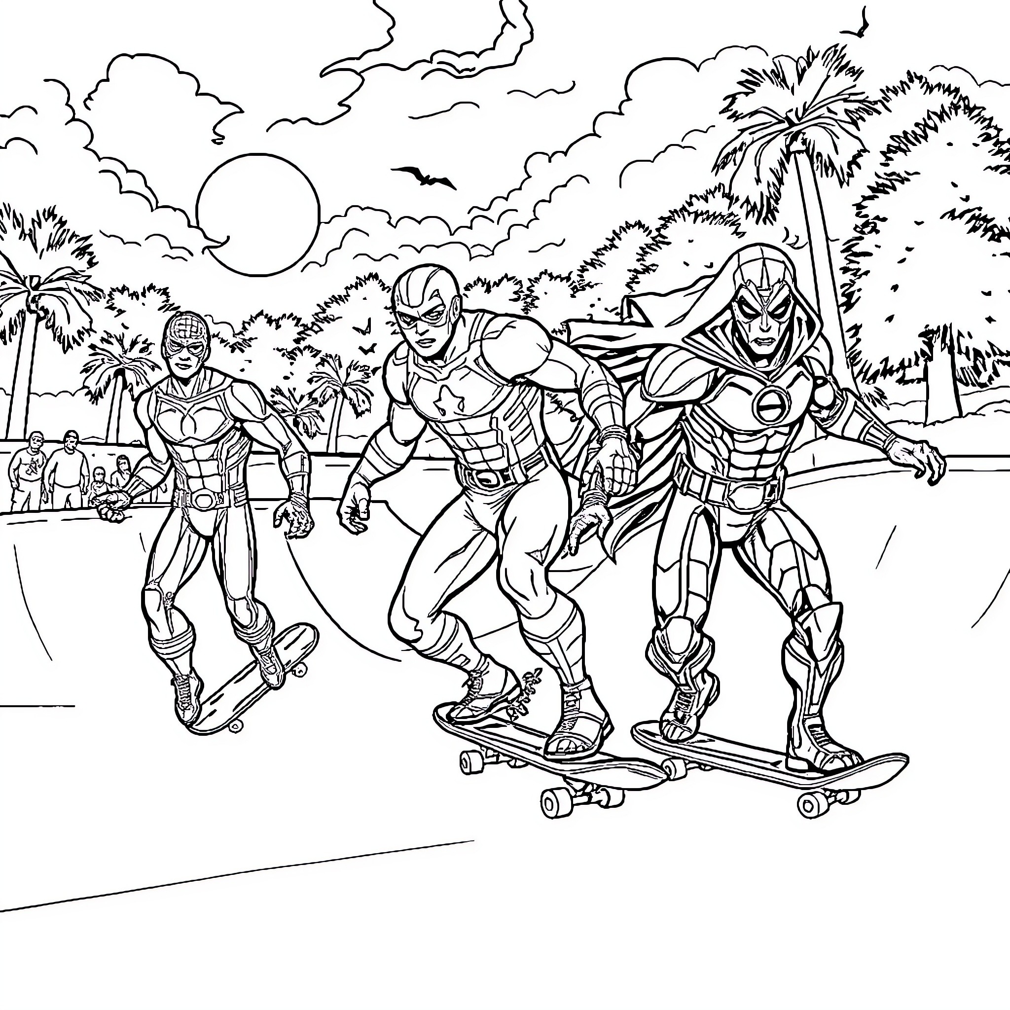 Marvel Superheroes Skating Across the Beach Coloring Page (free black-and-white line drawing printable PDF for all, from beginners to advanced learners, including children, teens, adults, and seniors)