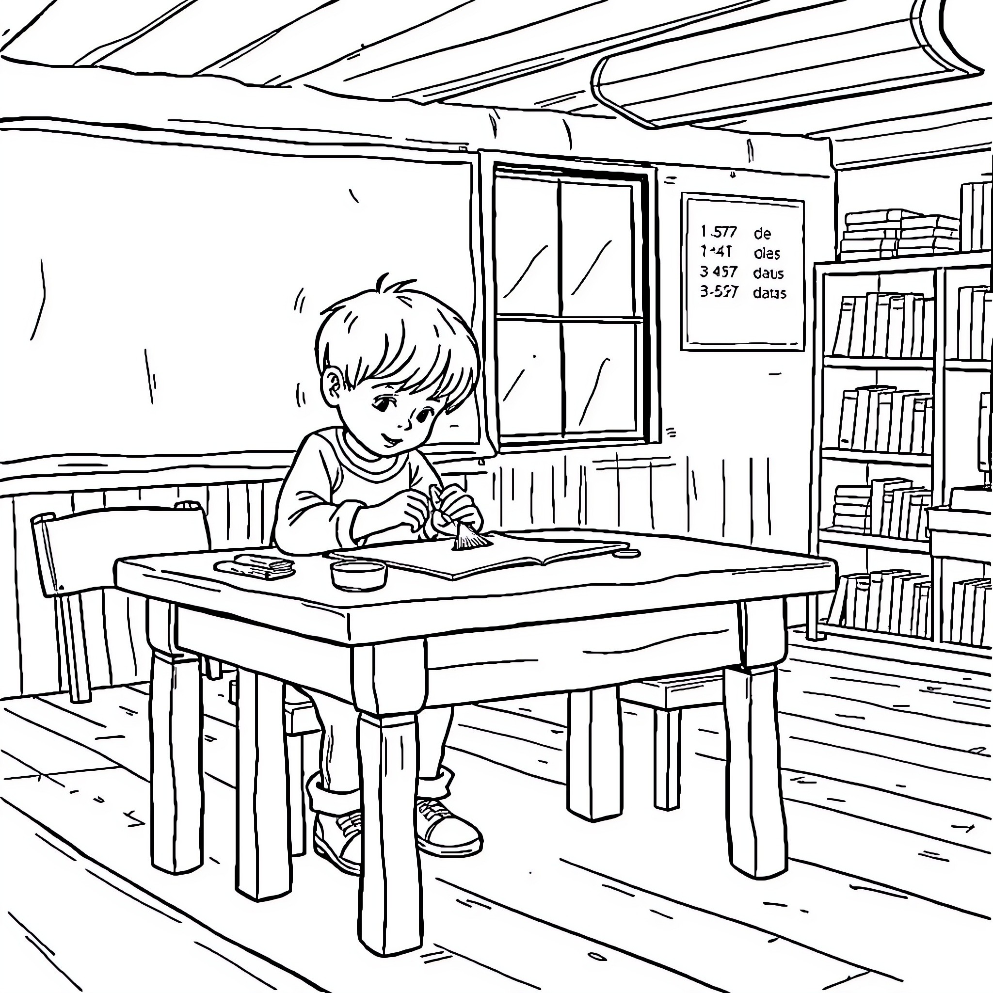 Enfant studiant dans une bibliothèque Coloring Page (free black-and-white line drawing printable PDF for all, from beginners to advanced learners, including children, teens, adults, and seniors)