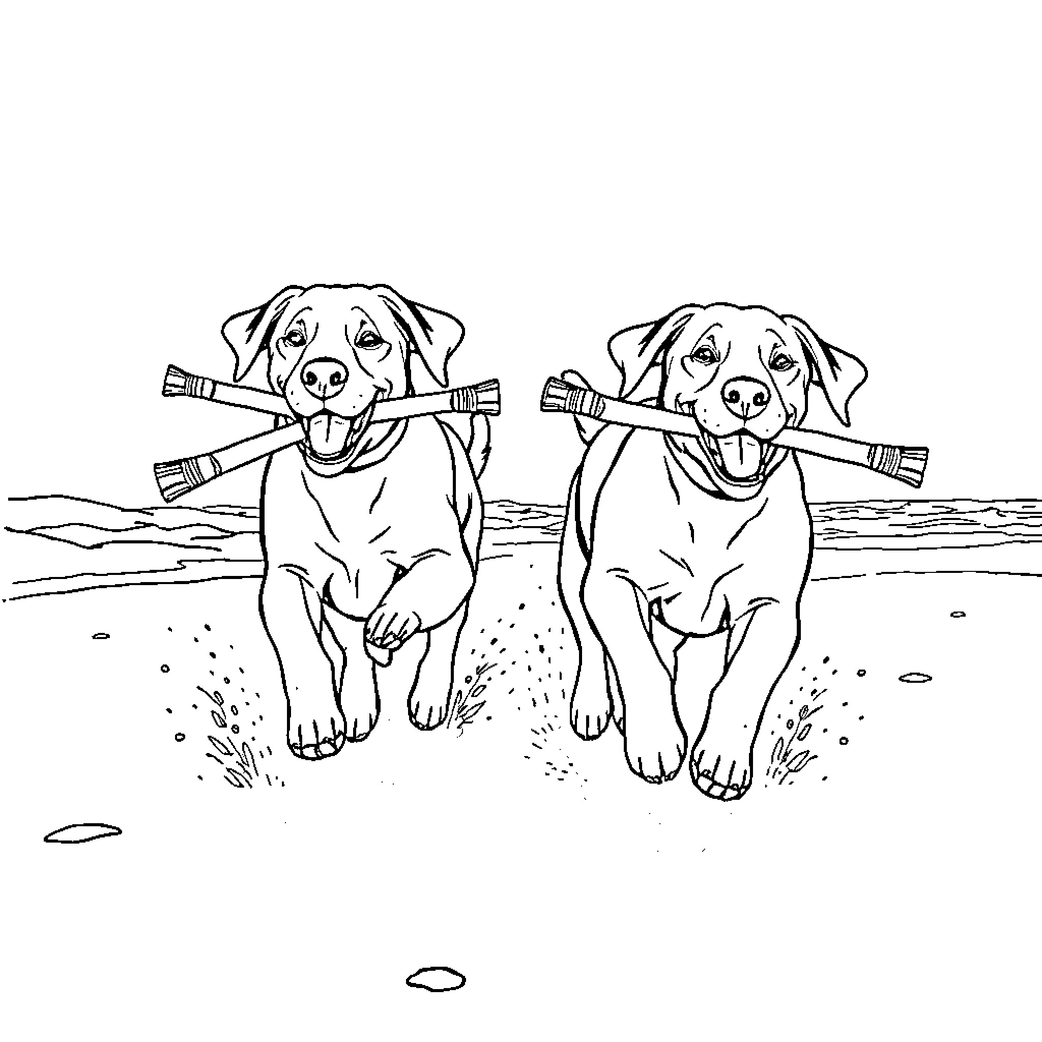 Labrador dogs playing with sticks on the beach Coloring Page (free black-and-white line drawing printable PDF for all, from beginners to advanced learners, including children, teens, adults, and seniors)