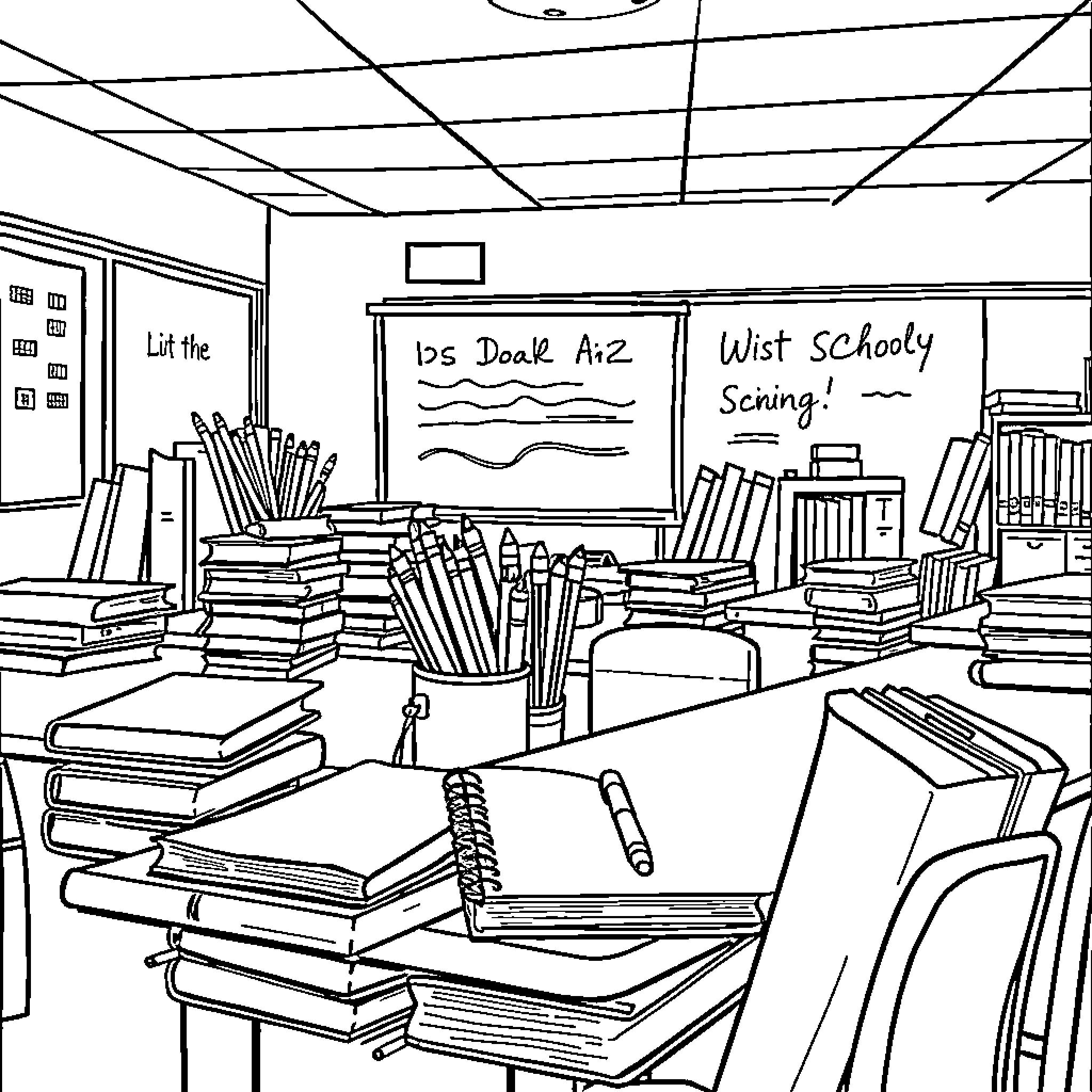 School Supply Chaos in Classroom Coloring Page (free black-and-white line drawing printable PDF for all, from beginners to advanced learners, including children, teens, adults, and seniors)