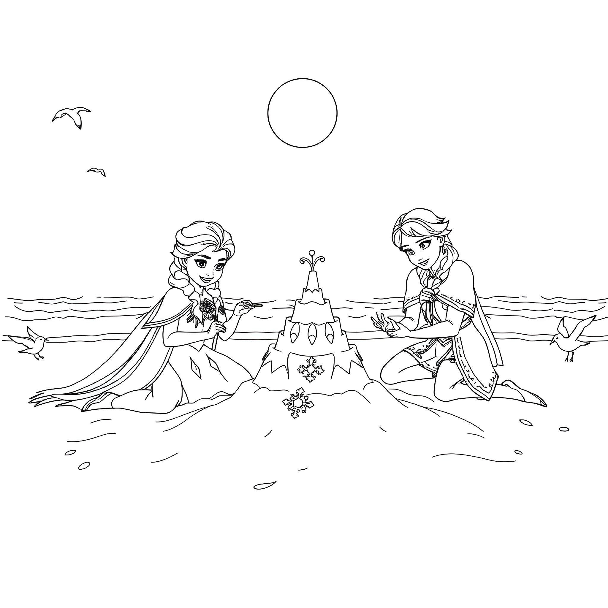 Frozen sisters enjoying a day at the beach Coloring Page (free black-and-white line drawing printable PDF for all, from beginners to advanced learners, including children, teens, adults, and seniors)