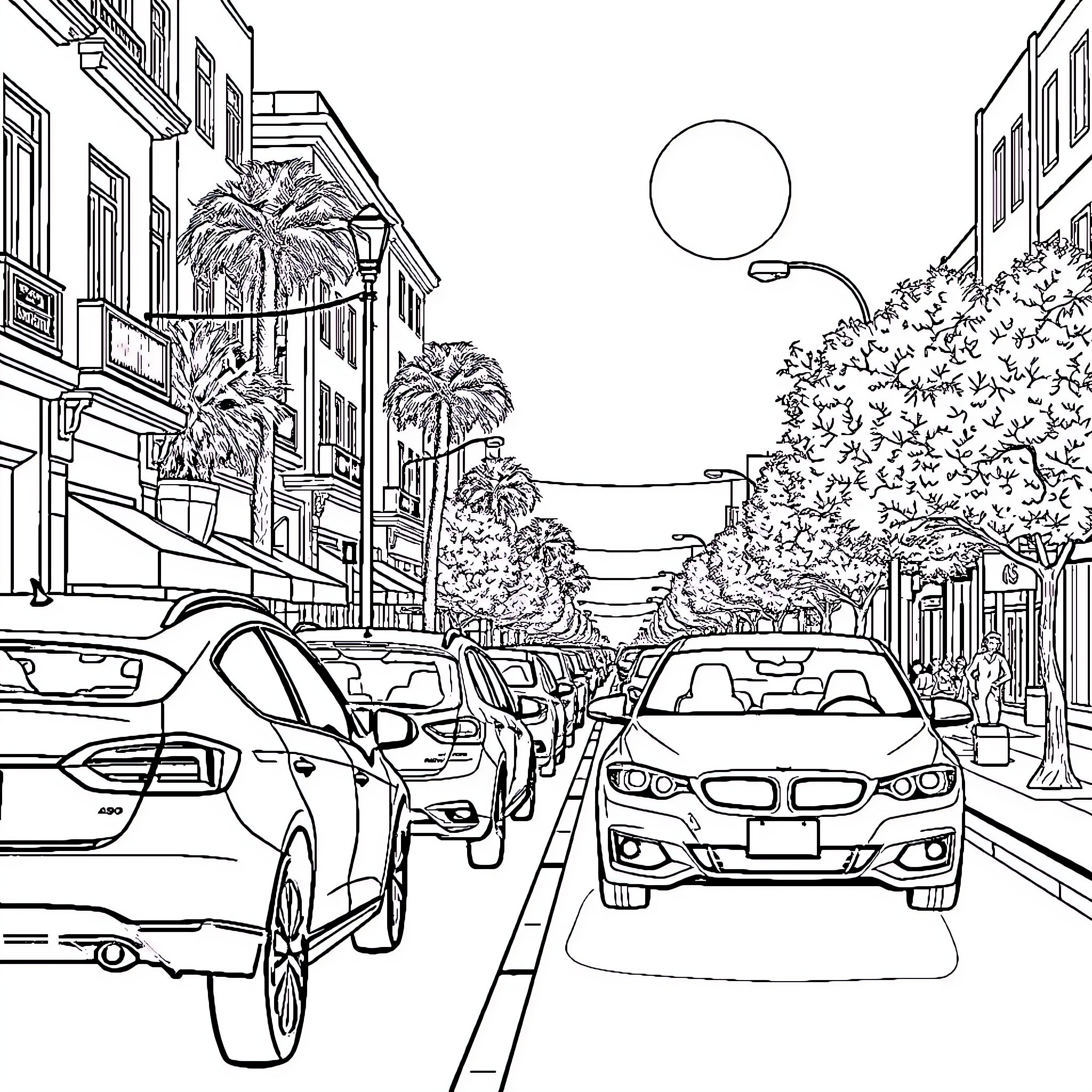Cars on a City Street with Palm Trees Coloring Page (free black-and-white line drawing printable PDF for all, from beginners to advanced learners, including children, teens, adults, and seniors)