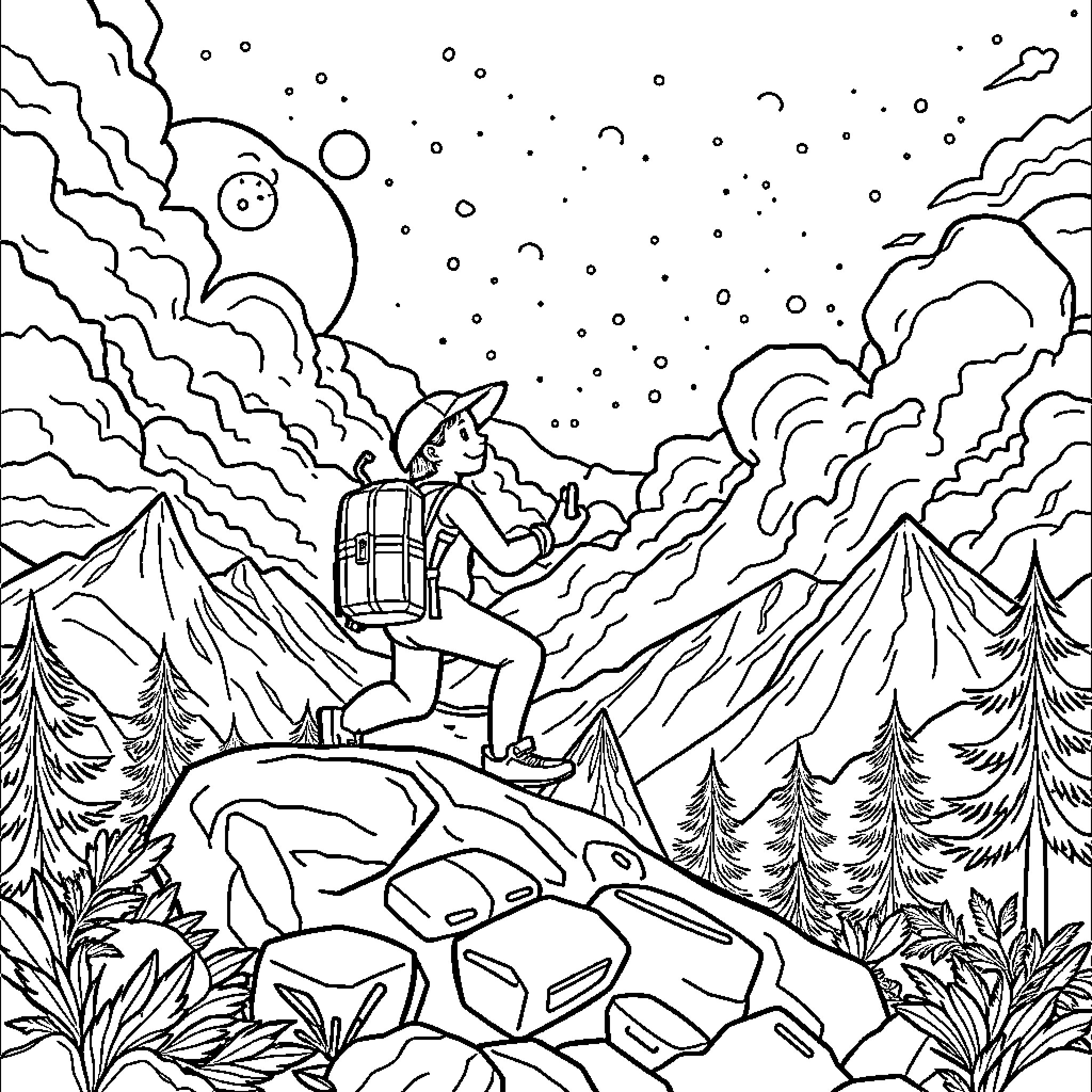 Adventure Time in the Enchanting Mountain Wonderland Coloring Page (free black-and-white line drawing printable PDF for all, from beginners to advanced learners, including children, teens, adults, and seniors)