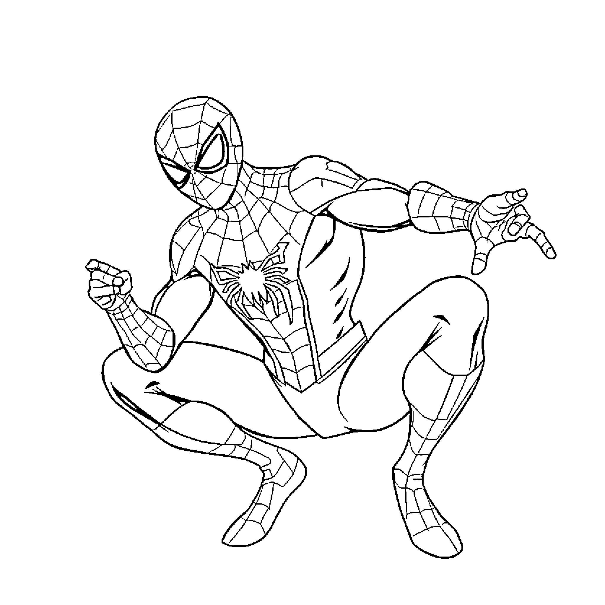 Spiderman swinging into action with heroic pose Coloring Page (free black-and-white line drawing printable PDF for all, from beginners to advanced learners, including children, teens, adults, and seniors)