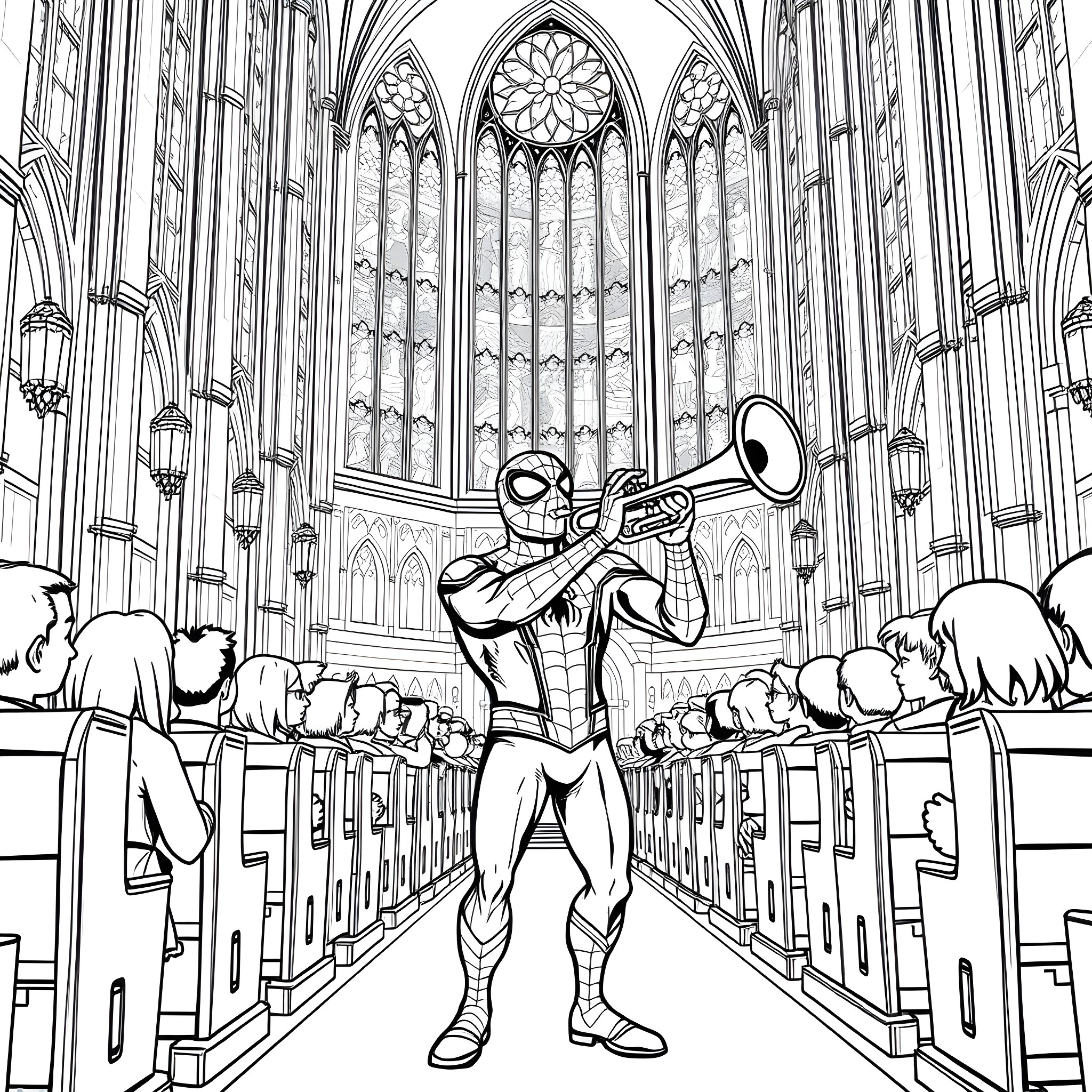 Spider-Man playing trombone in a cathedral Coloring Page (free black-and-white line drawing printable PDF for all, from beginners to advanced learners, including children, teens, adults, and seniors)