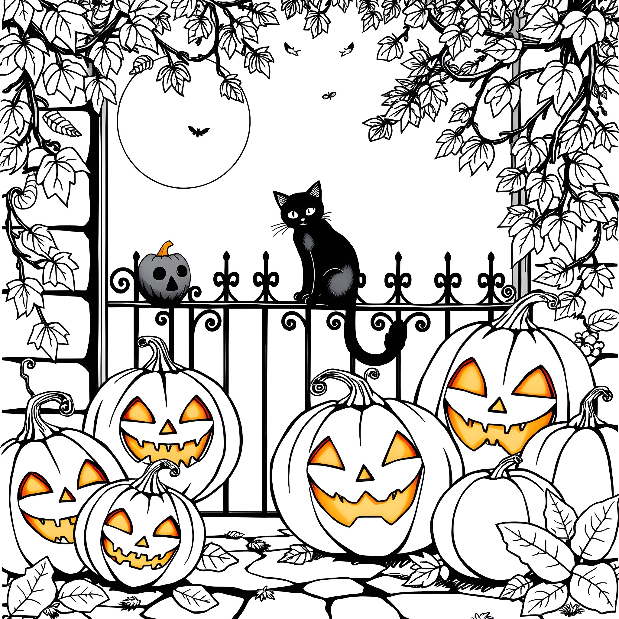 Halloween Night with Pumpkins and Black Cat Coloring Page (free black-and-white line drawing printable PDF for all, from beginners to advanced learners, including children, teens, adults, and seniors)