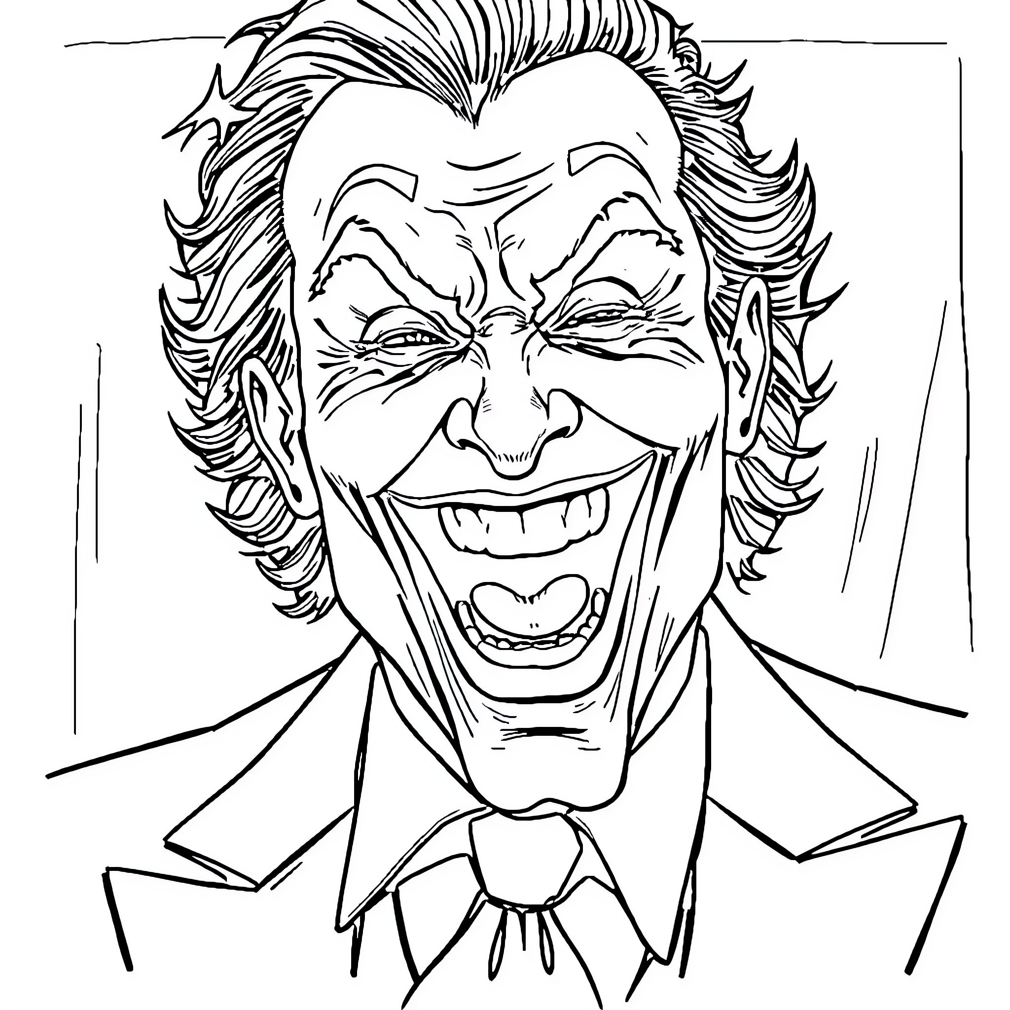Joker's Menacing Grin and Mischievous Persona Coloring Page (free black-and-white line drawing printable PDF for all, from beginners to advanced learners, including children, teens, adults, and seniors)