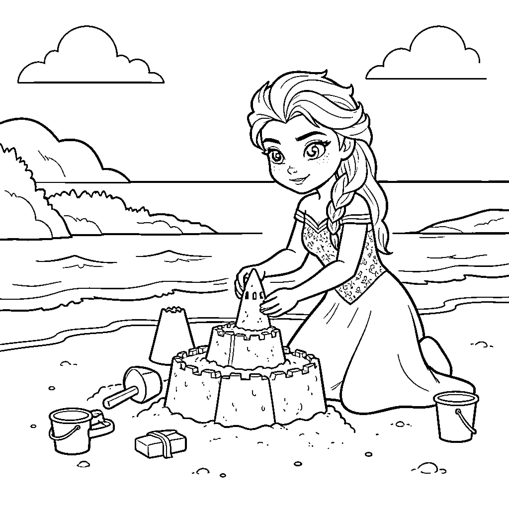 Elsa building a sandcastle on the beach Coloring Page (free black-and-white line drawing printable PDF for all, from beginners to advanced learners, including children, teens, adults, and seniors)