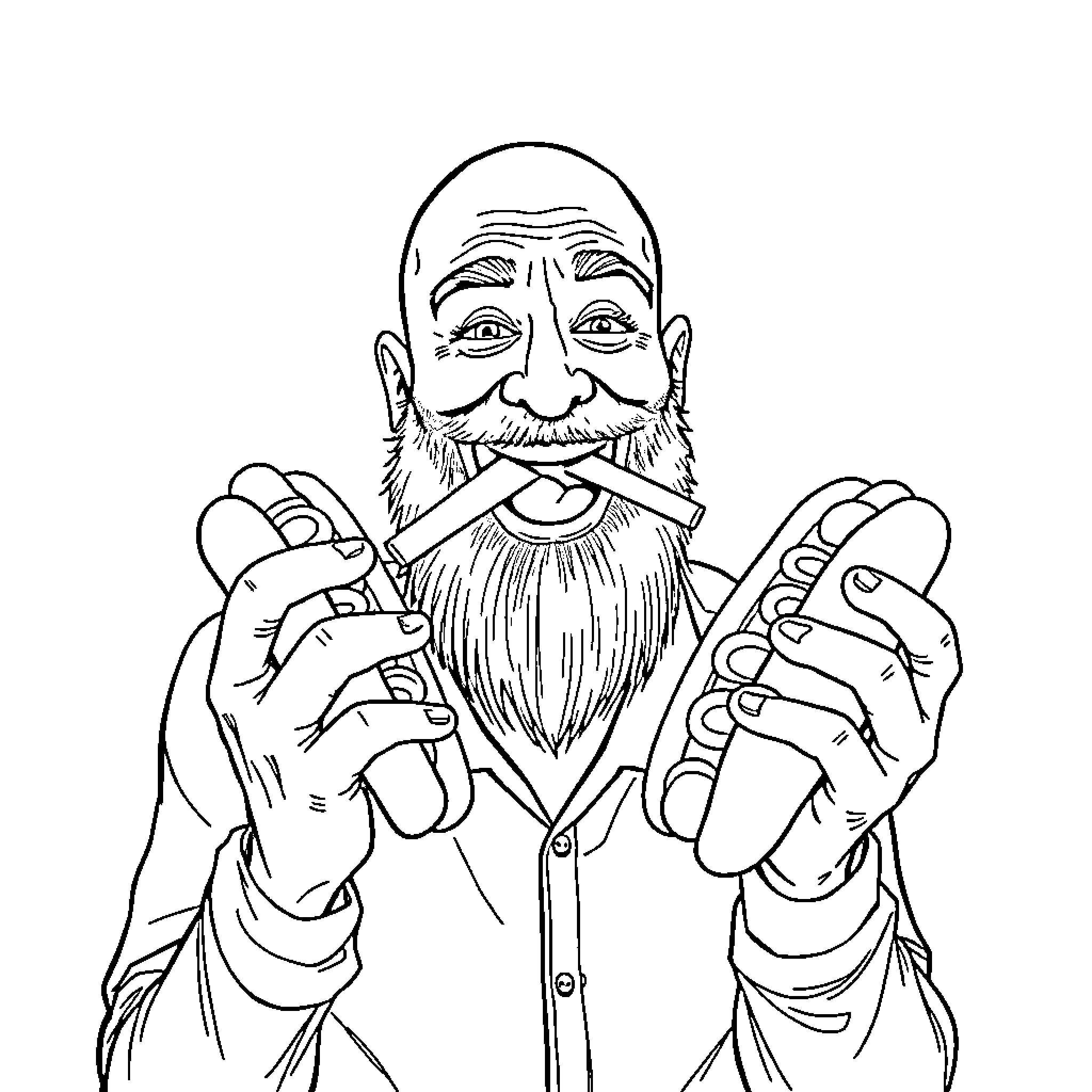 Man with Beard Smoking Pipe Coloring Page (free black-and-white line drawing printable PDF for all, from beginners to advanced learners, including children, teens, adults, and seniors)
