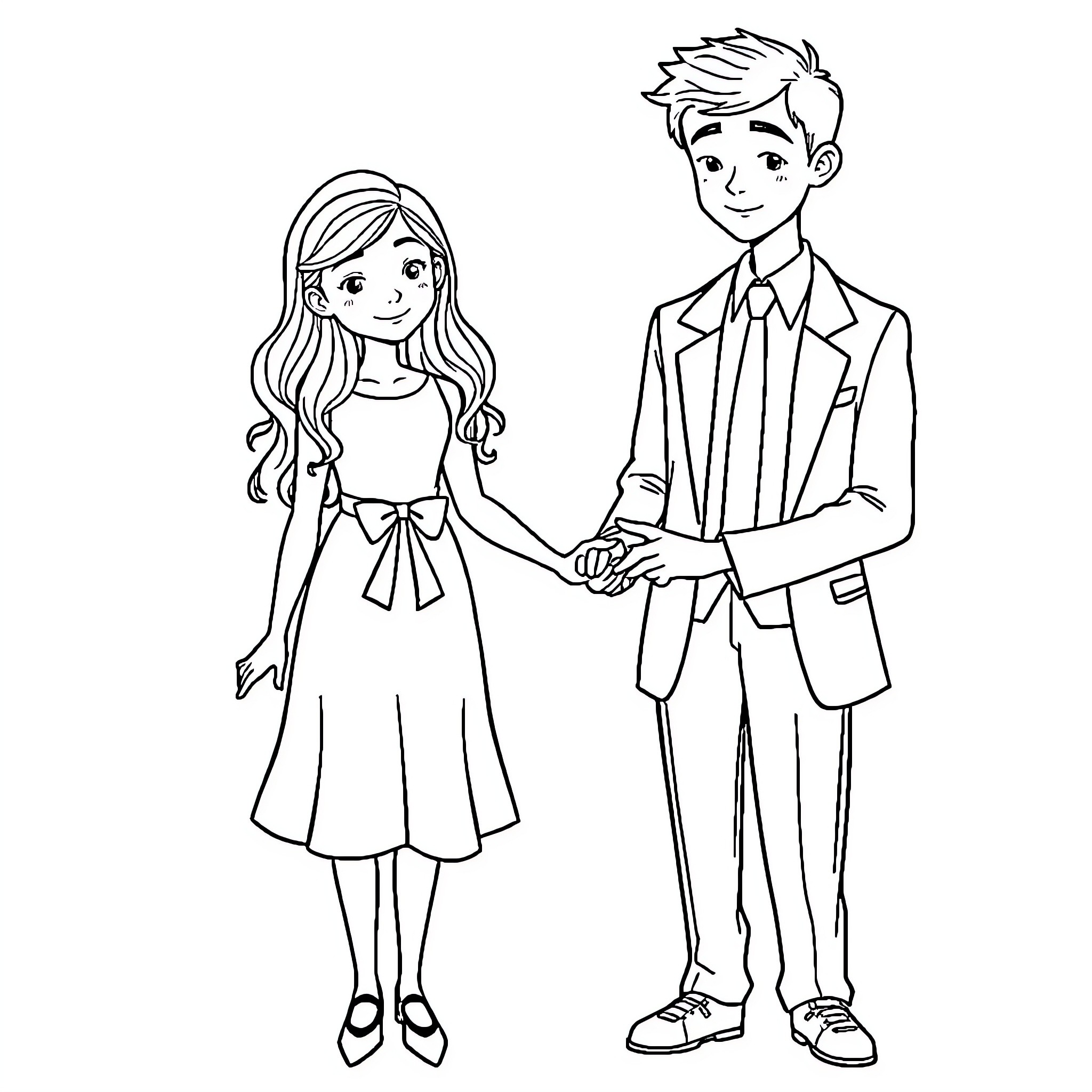 Girl and Boy in Formal Attire Coloring Page (free black-and-white line drawing printable PDF for all, from beginners to advanced learners, including children, teens, adults, and seniors)