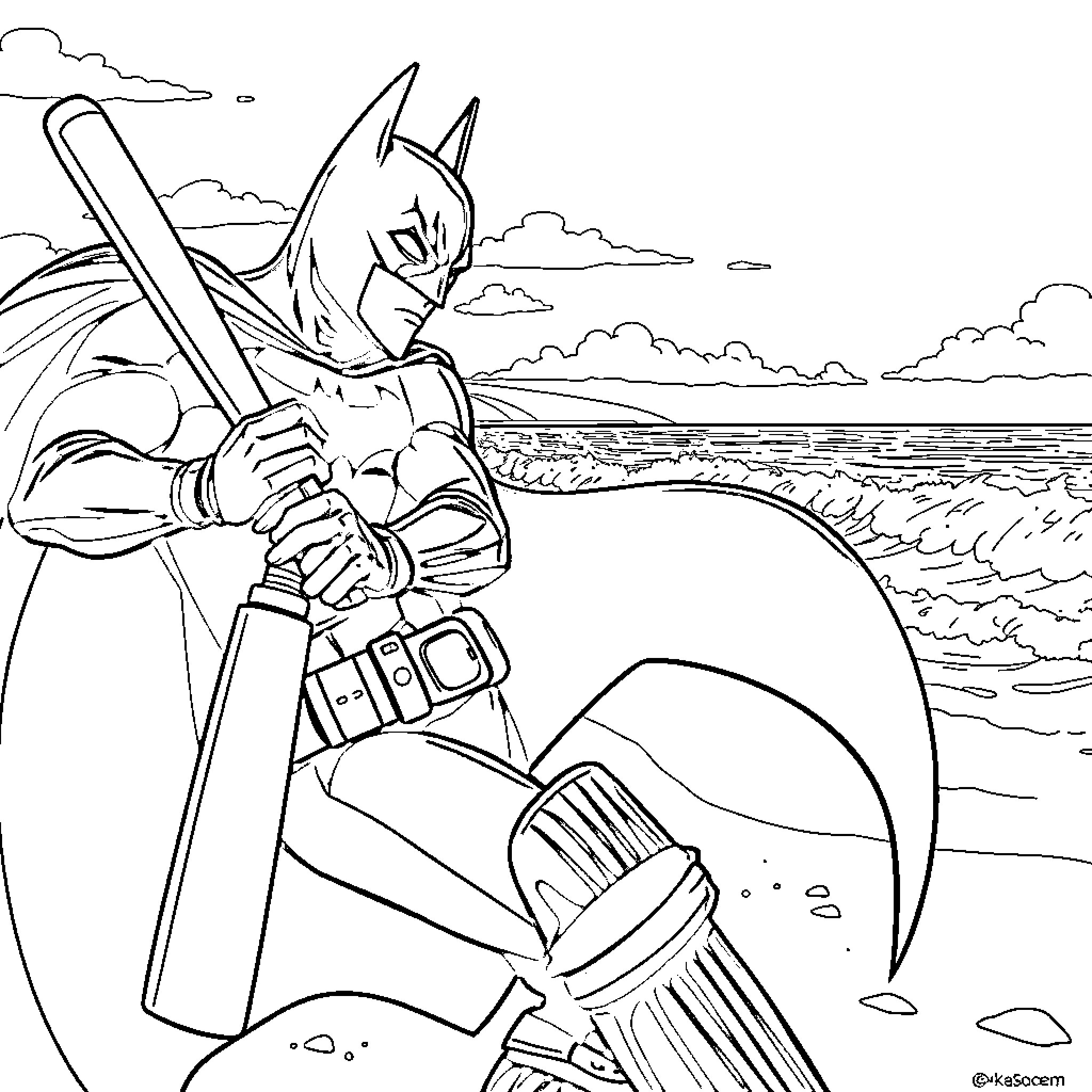 Batman Battling Waves in Coastal Landscape Coloring Page (free black-and-white line drawing printable PDF for all, from beginners to advanced learners, including children, teens, adults, and seniors)