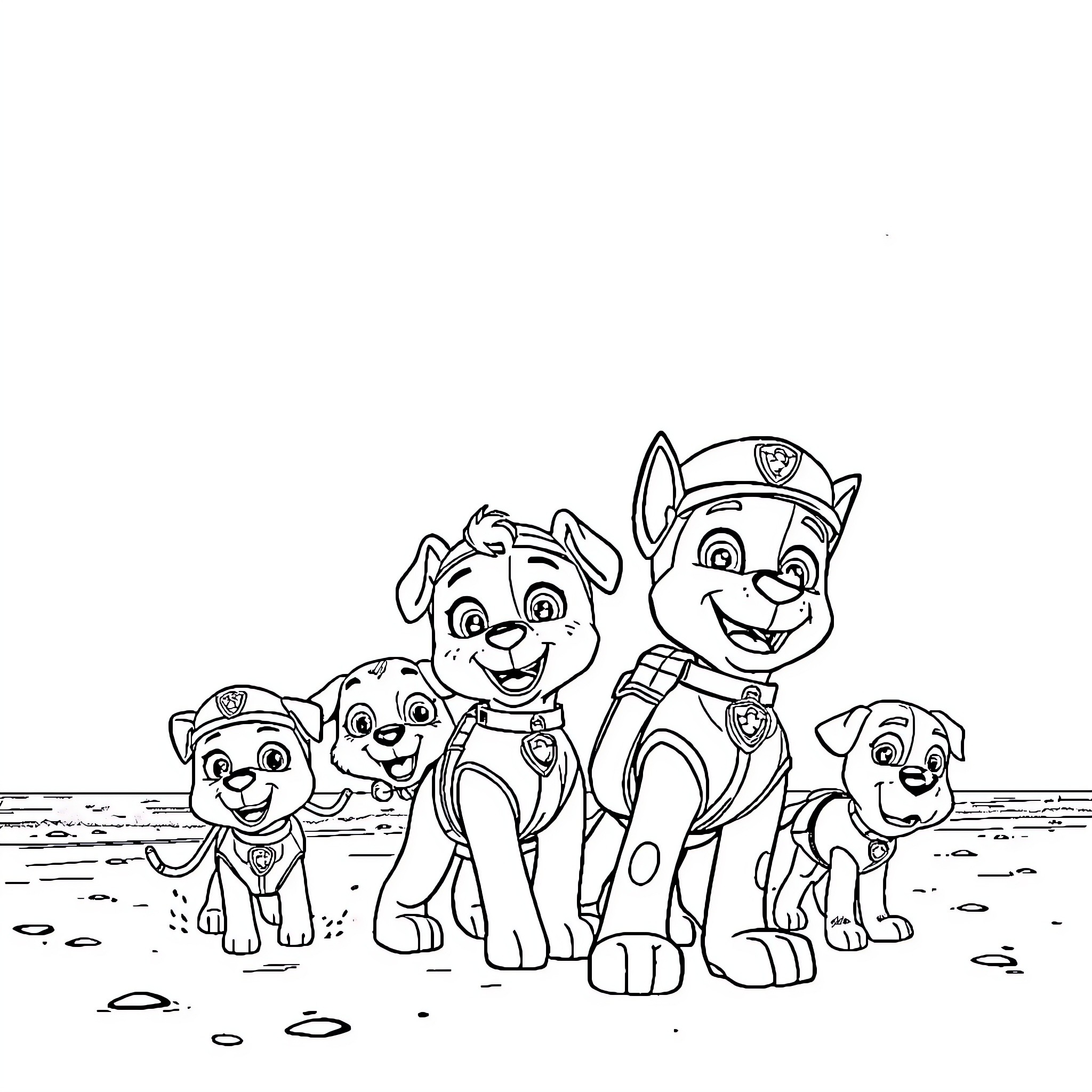 Paw Patrol pups on a fun adventure Coloring Page (free black-and-white line drawing printable PDF for all, from beginners to advanced learners, including children, teens, adults, and seniors)