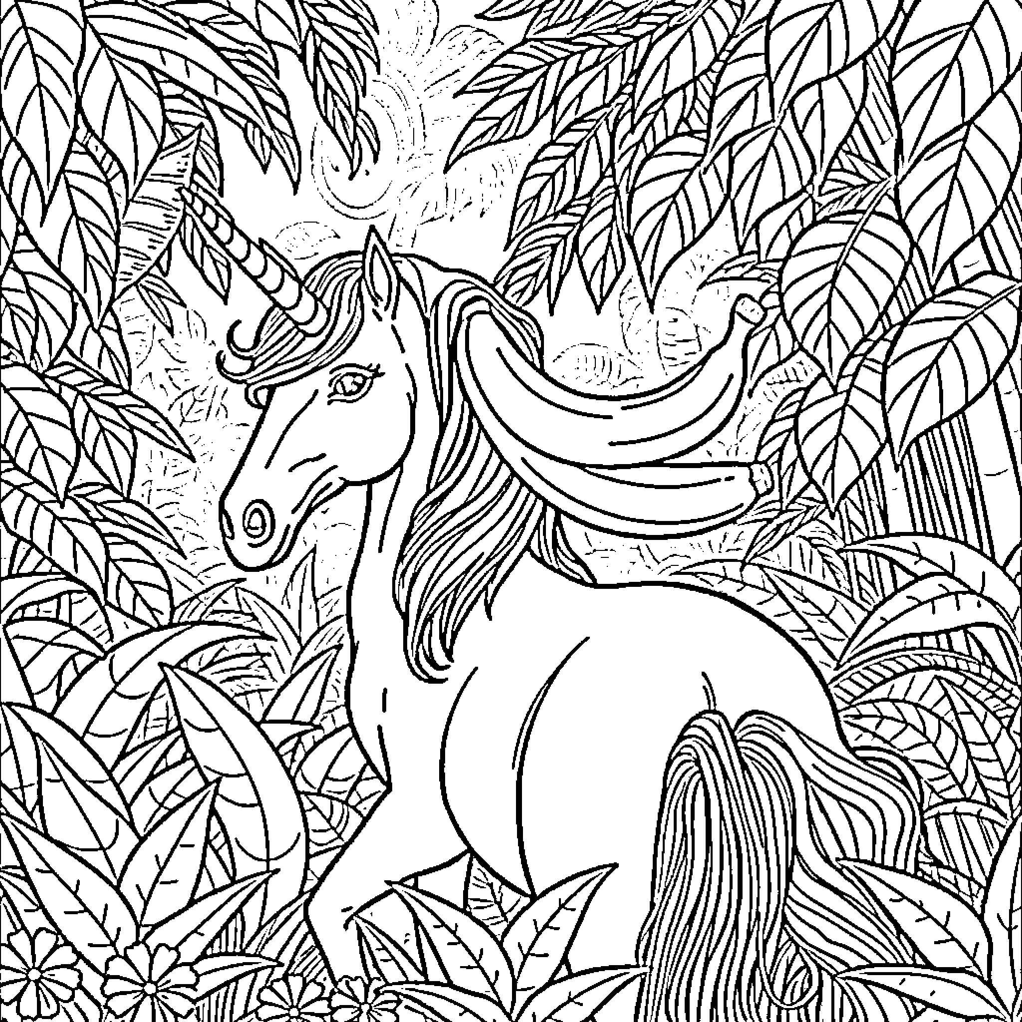 Banana unicorn in enchanted forest Coloring Page (free black-and-white line drawing printable PDF for all, from beginners to advanced learners, including children, teens, adults, and seniors)