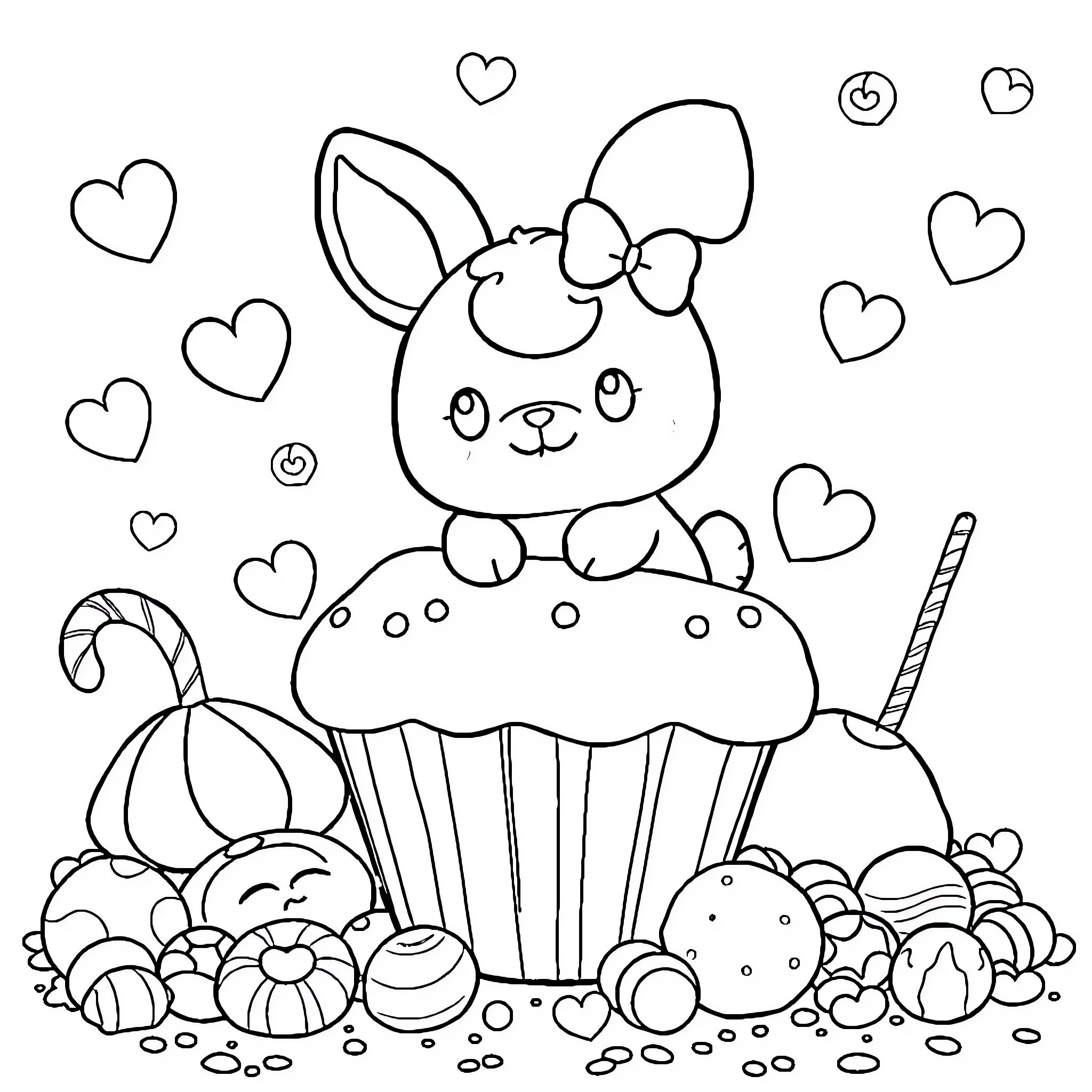 Cinnamoroll enjoying a sweet treat with friends Coloring Page (free black-and-white line drawing printable PDF for all, from beginners to advanced learners, including children, teens, adults, and seniors)