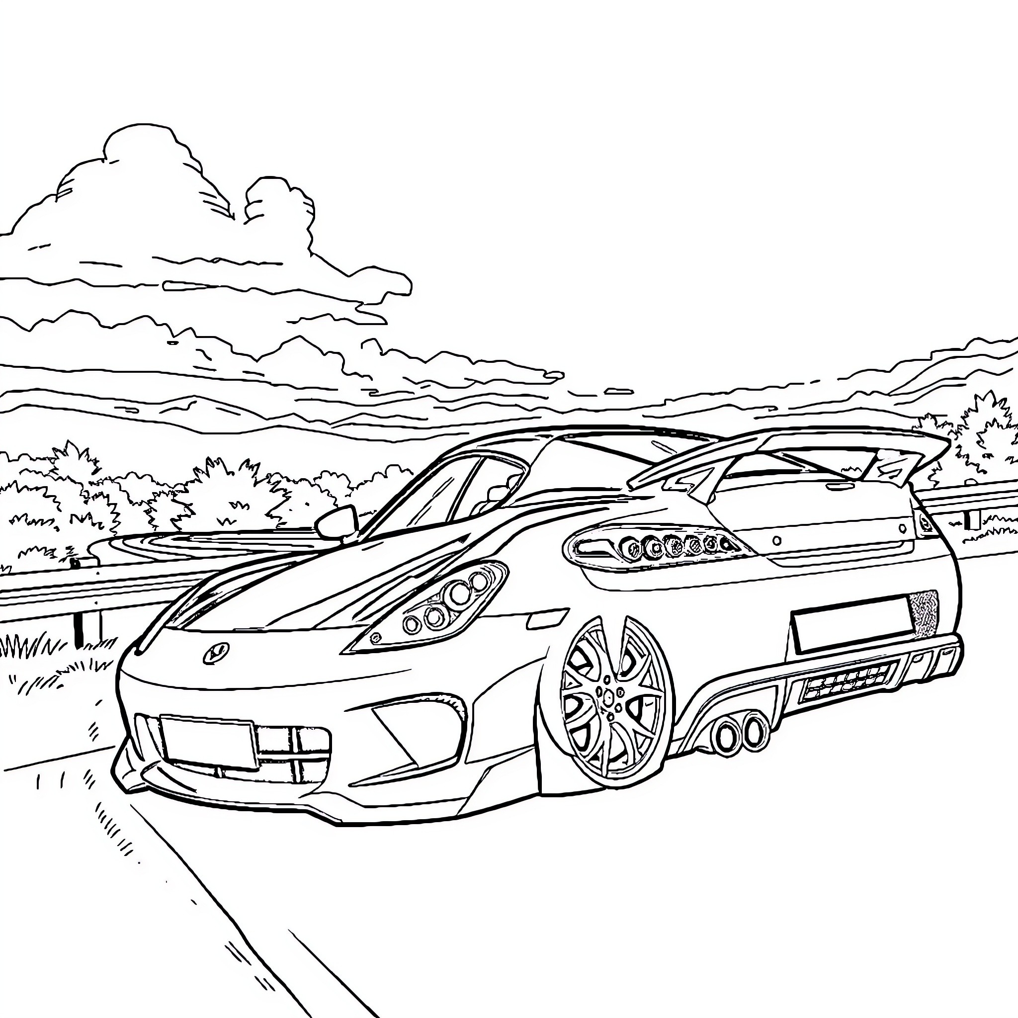 Car speeding along a scenic road Coloring Page (free black-and-white line drawing printable PDF for all, from beginners to advanced learners, including children, teens, adults, and seniors)