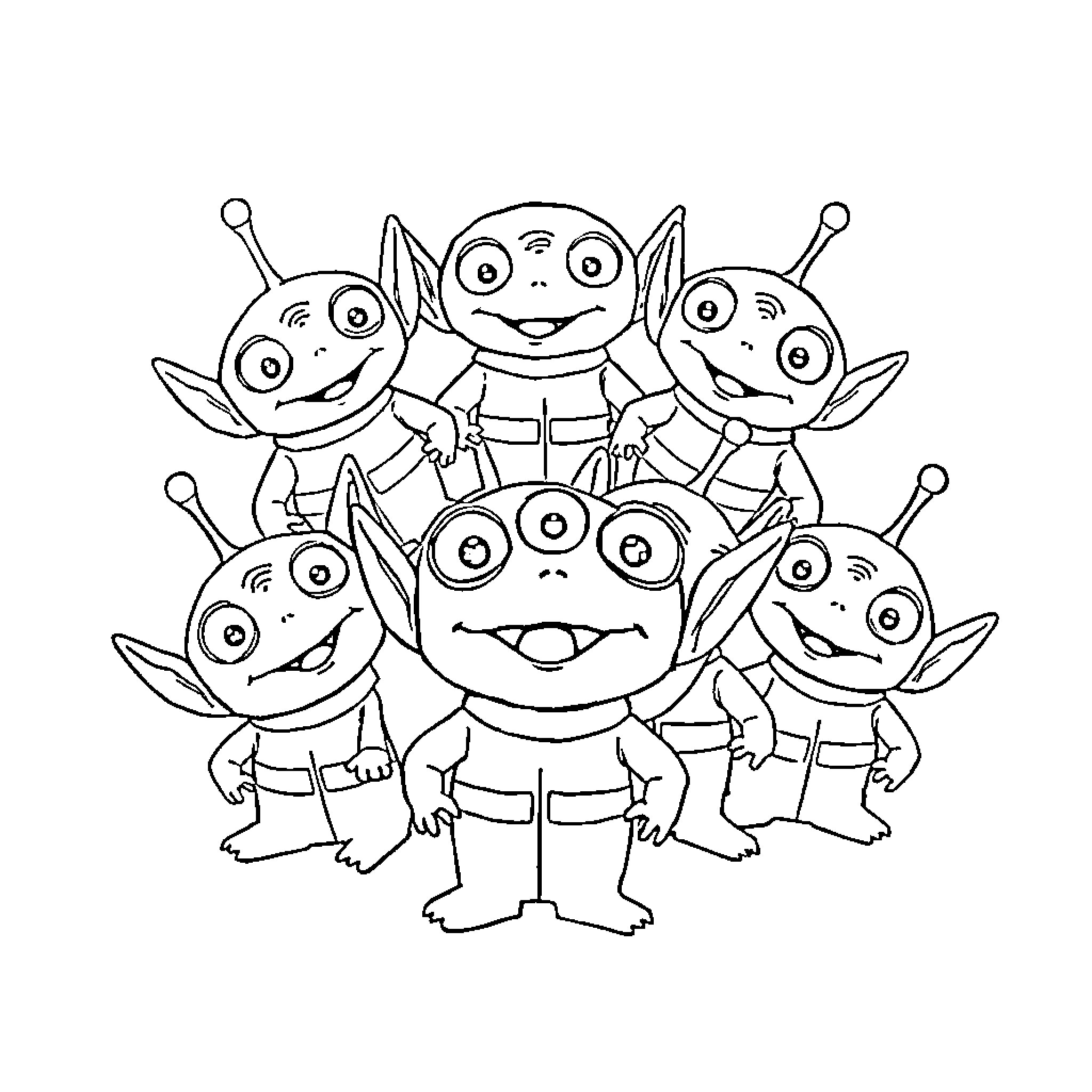 Alien creatures gathered in a group Coloring Page (free black-and-white line drawing printable PDF for all, from beginners to advanced learners, including children, teens, adults, and seniors)