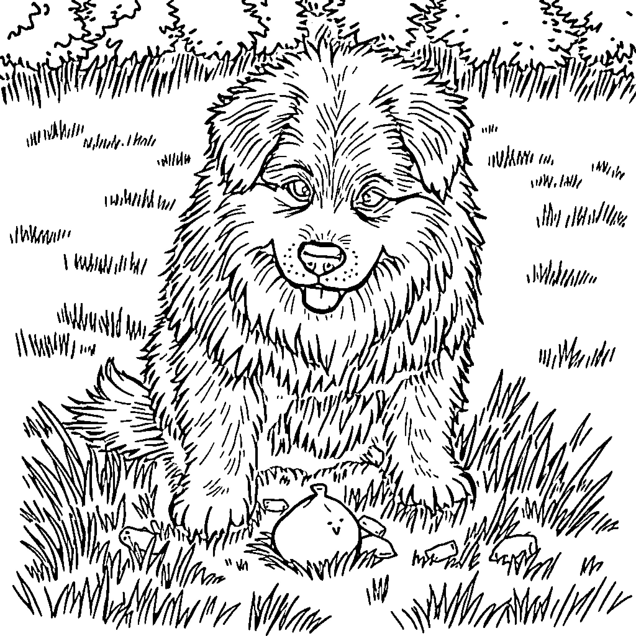 Dog Sitting in the Grass with Toys Coloring Page (free black-and-white line drawing printable PDF for all, from beginners to advanced learners, including children, teens, adults, and seniors)