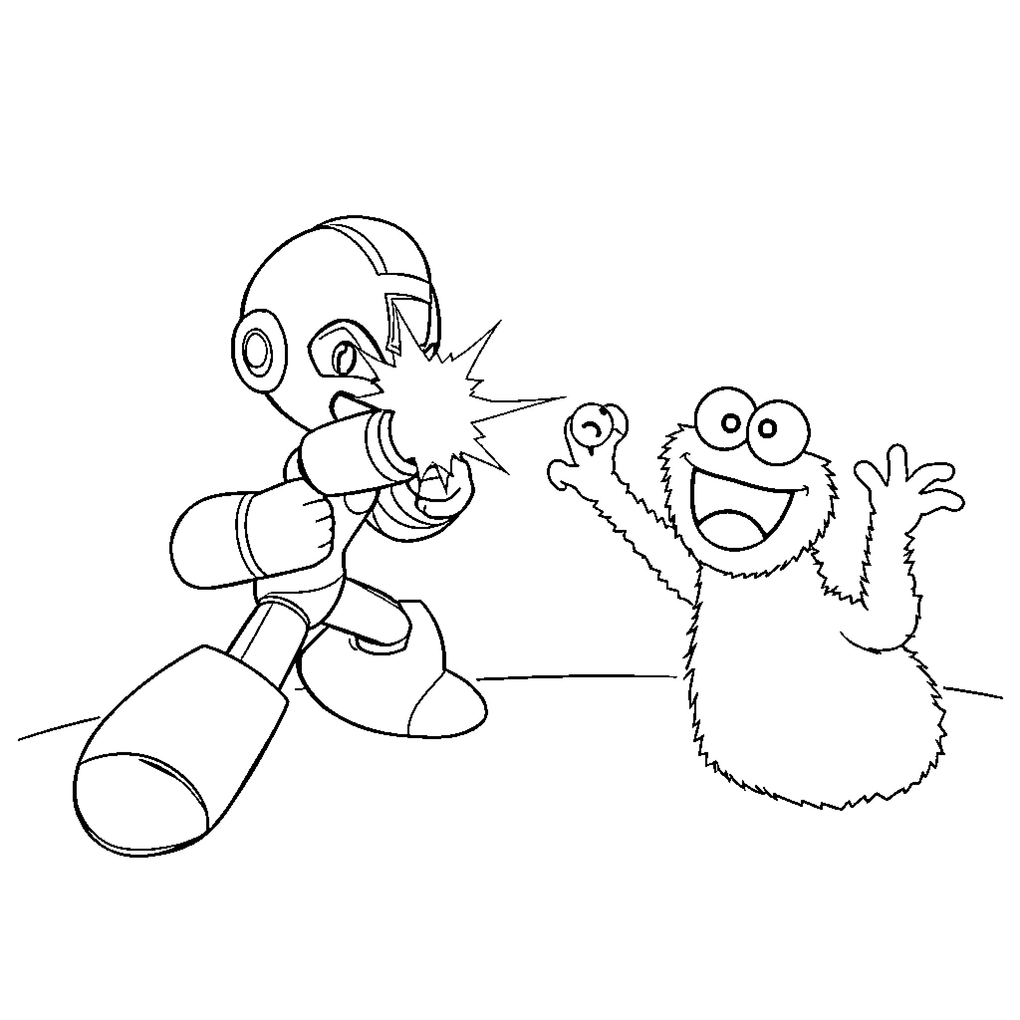 Megaman battling a wacky cartoon monster Coloring Page (free black-and-white line drawing printable PDF for all, from beginners to advanced learners, including children, teens, adults, and seniors)