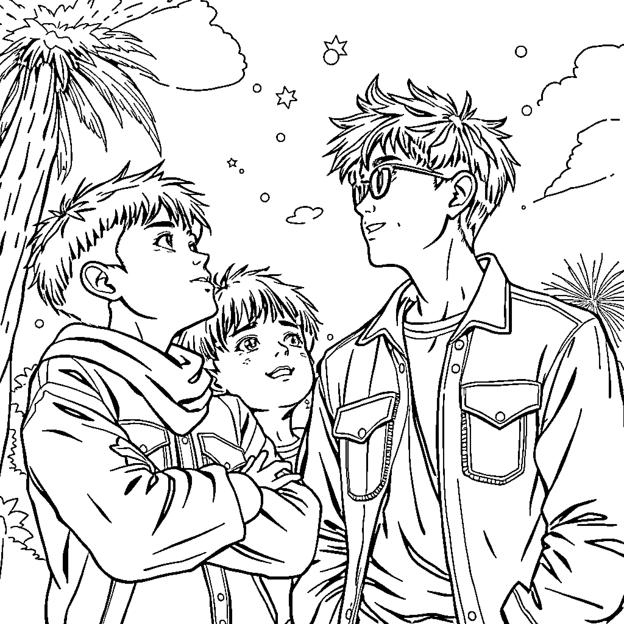 Saja's Cheerful Trio Embrace Amidst Fireworks Coloring Page (free black-and-white line drawing printable PDF for all, from beginners to advanced learners, including children, teens, adults, and seniors)