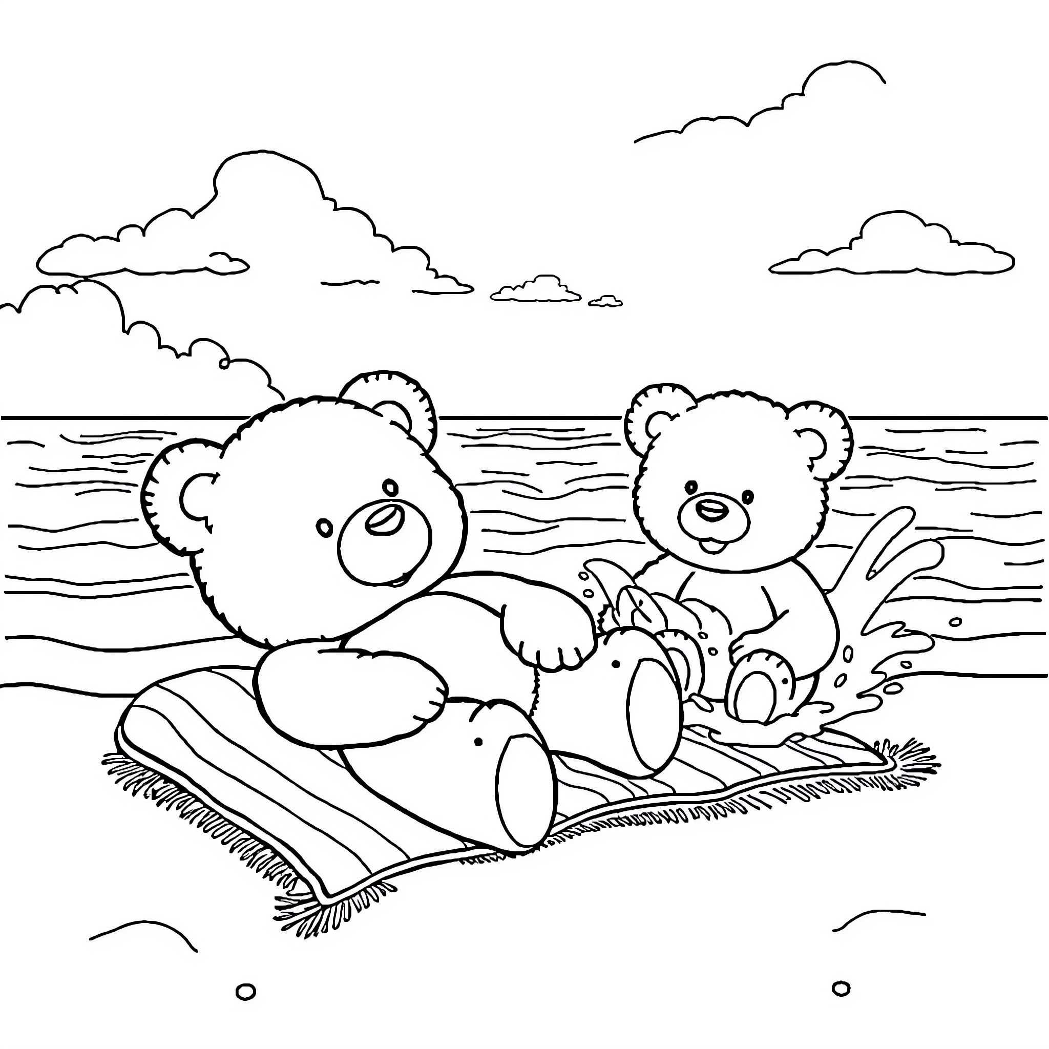 Teddy Bears Relaxing by the Beach Coloring Page (free black-and-white line drawing printable PDF for all, from beginners to advanced learners, including children, teens, adults, and seniors)