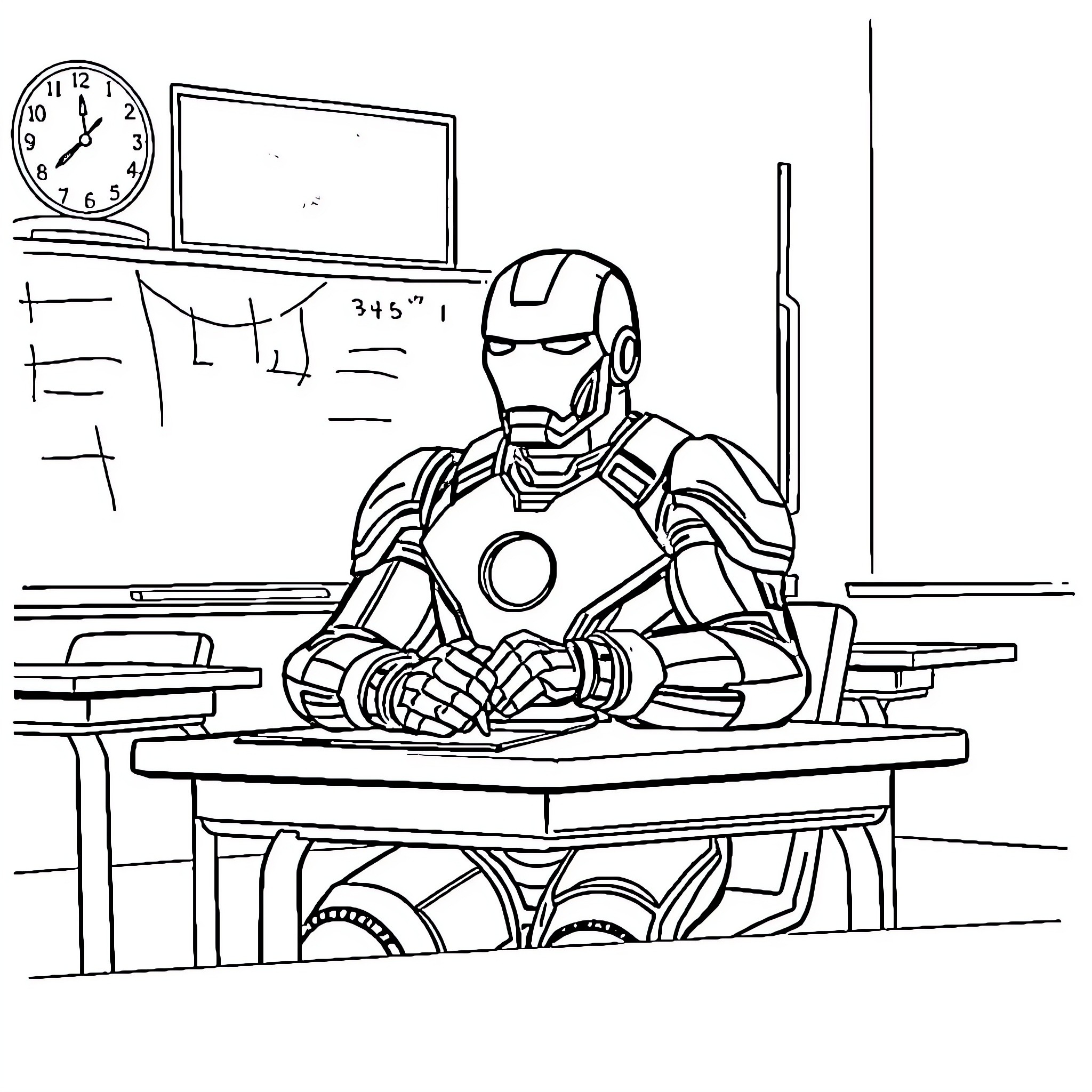 Iron Man working diligently in the office Coloring Page (free black-and-white line drawing printable PDF for all, from beginners to advanced learners, including children, teens, adults, and seniors)