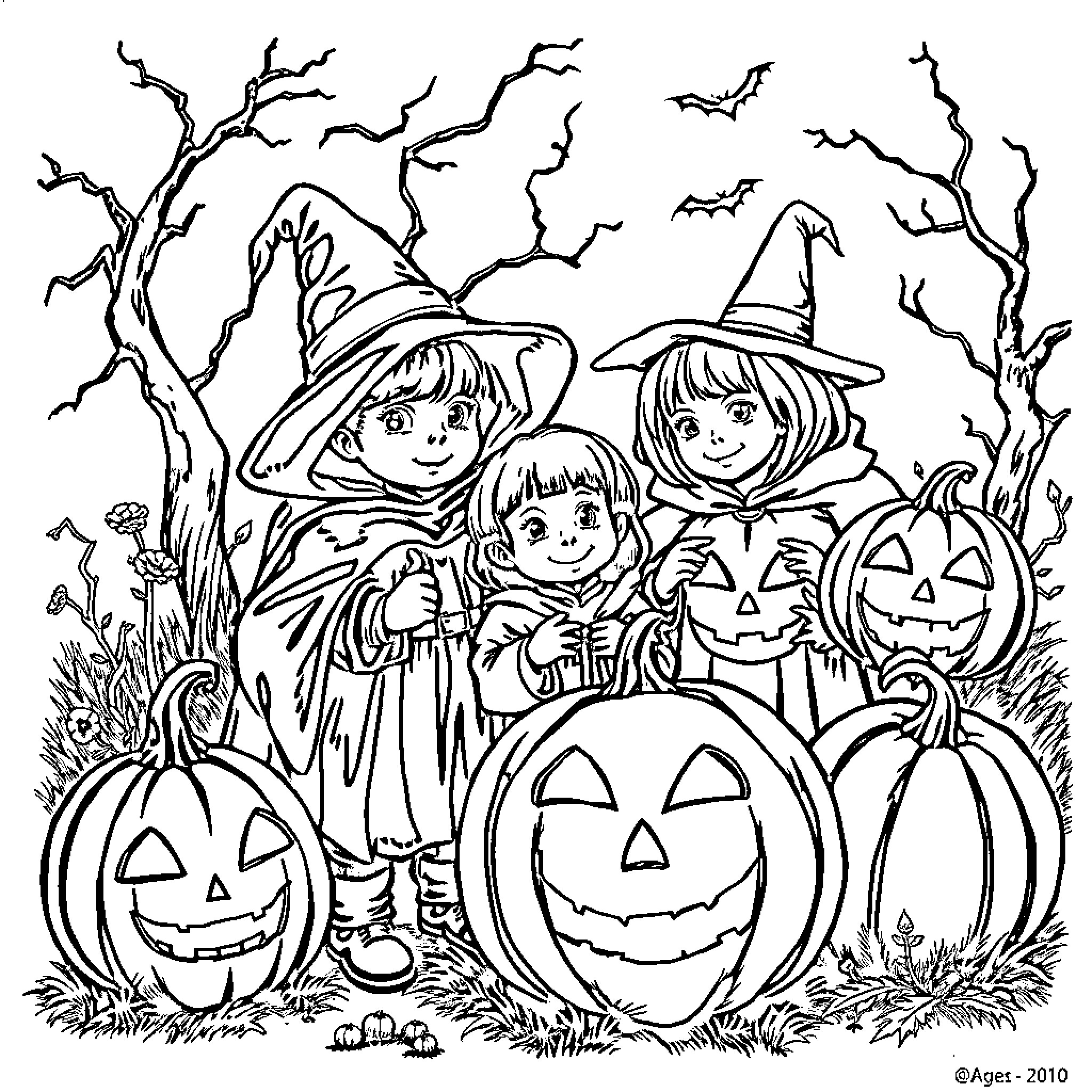 Halloween Trick-or-Treaters Explore Spooky Forest Coloring Page (free black-and-white line drawing printable PDF for all, from beginners to advanced learners, including children, teens, adults, and seniors)