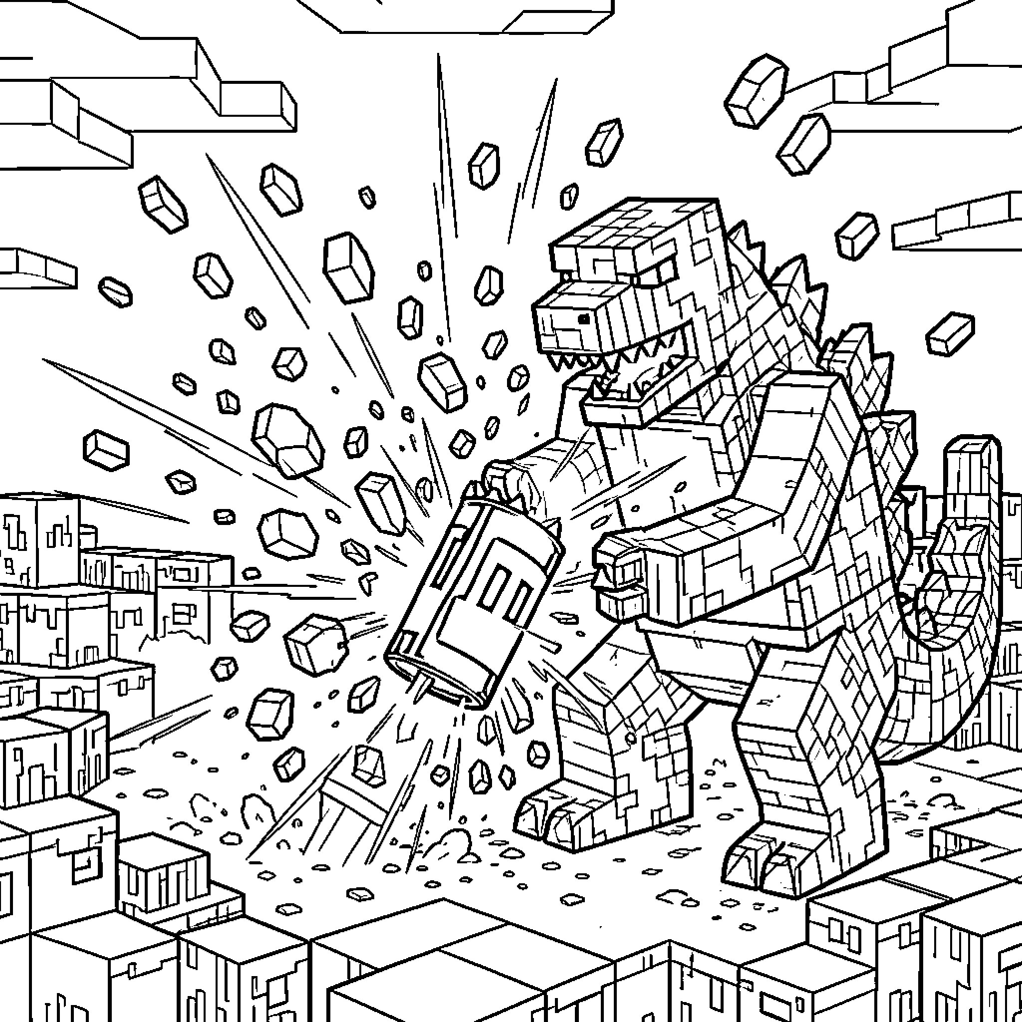 Godzilla Unleashes Destruction in the City Coloring Page (free black-and-white line drawing printable PDF for all, from beginners to advanced learners, including children, teens, adults, and seniors)