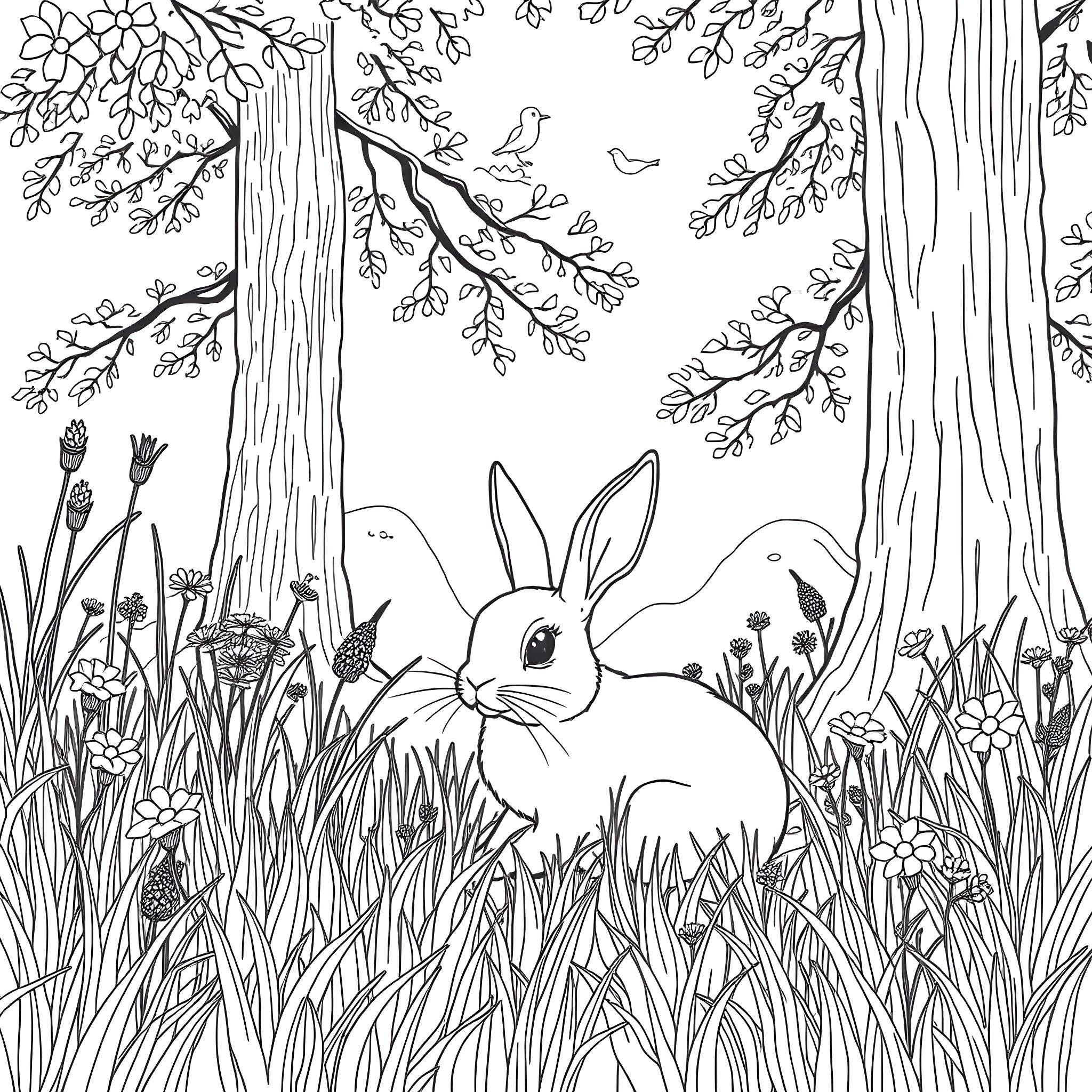 Bunny in the Enchanted Forest Coloring Page (free black-and-white line drawing printable PDF for all, from beginners to advanced learners, including children, teens, adults, and seniors)