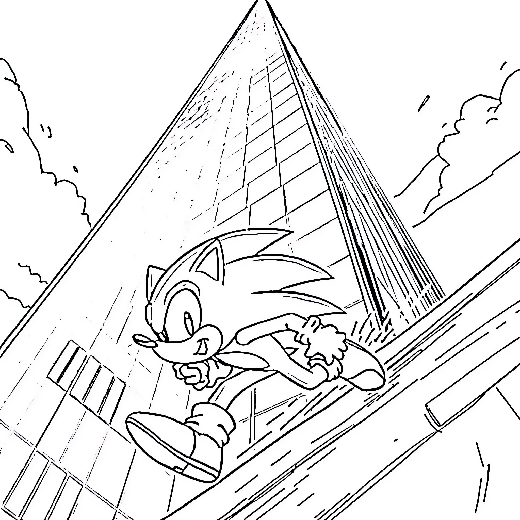 Sonic racing through the city skyline Coloring Page (free black-and-white line drawing printable PDF for all, from beginners to advanced learners, including children, teens, adults, and seniors)