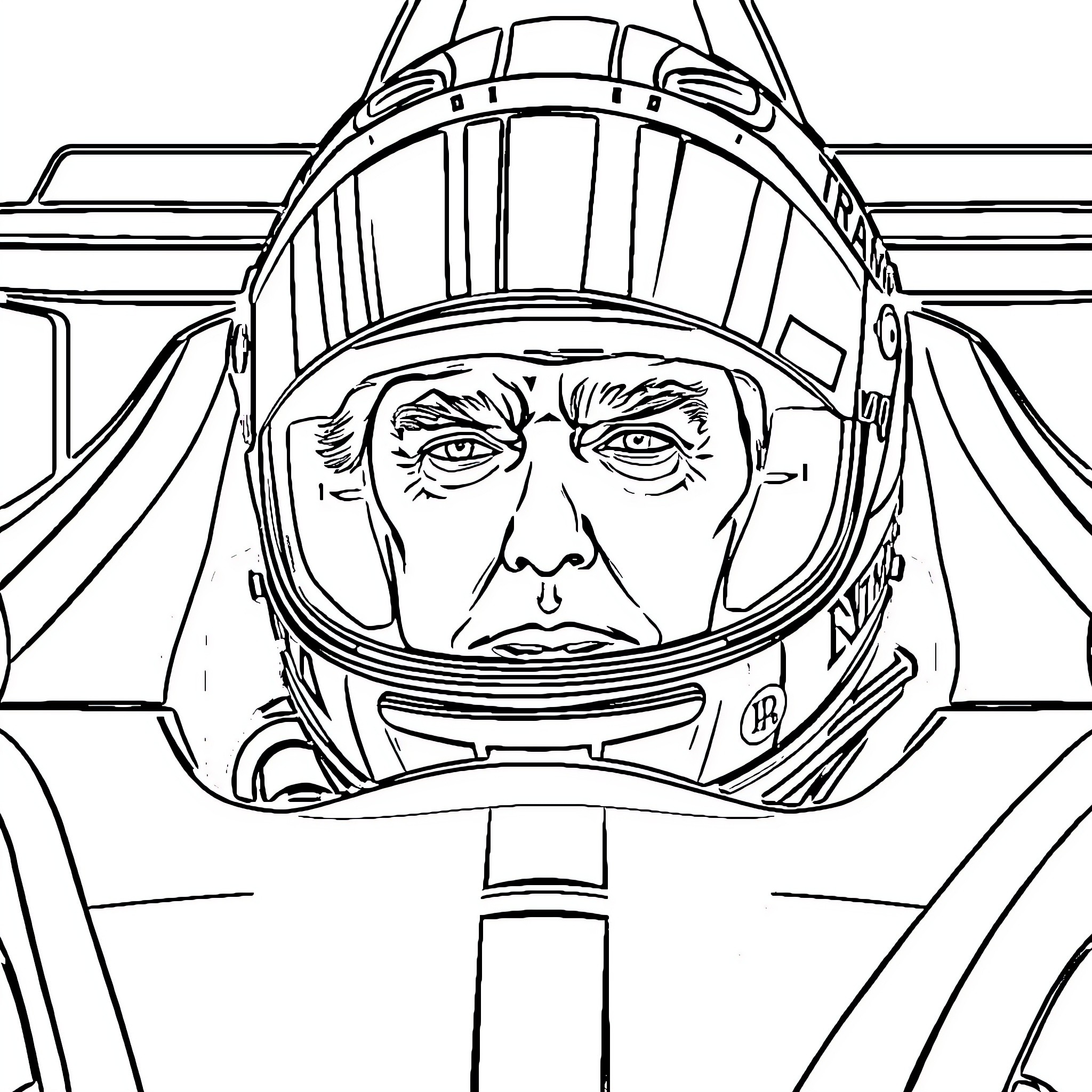 Donald Trump in Astronaut Spacesuit Coloring Page (free black-and-white line drawing printable PDF for all, from beginners to advanced learners, including children, teens, adults, and seniors)