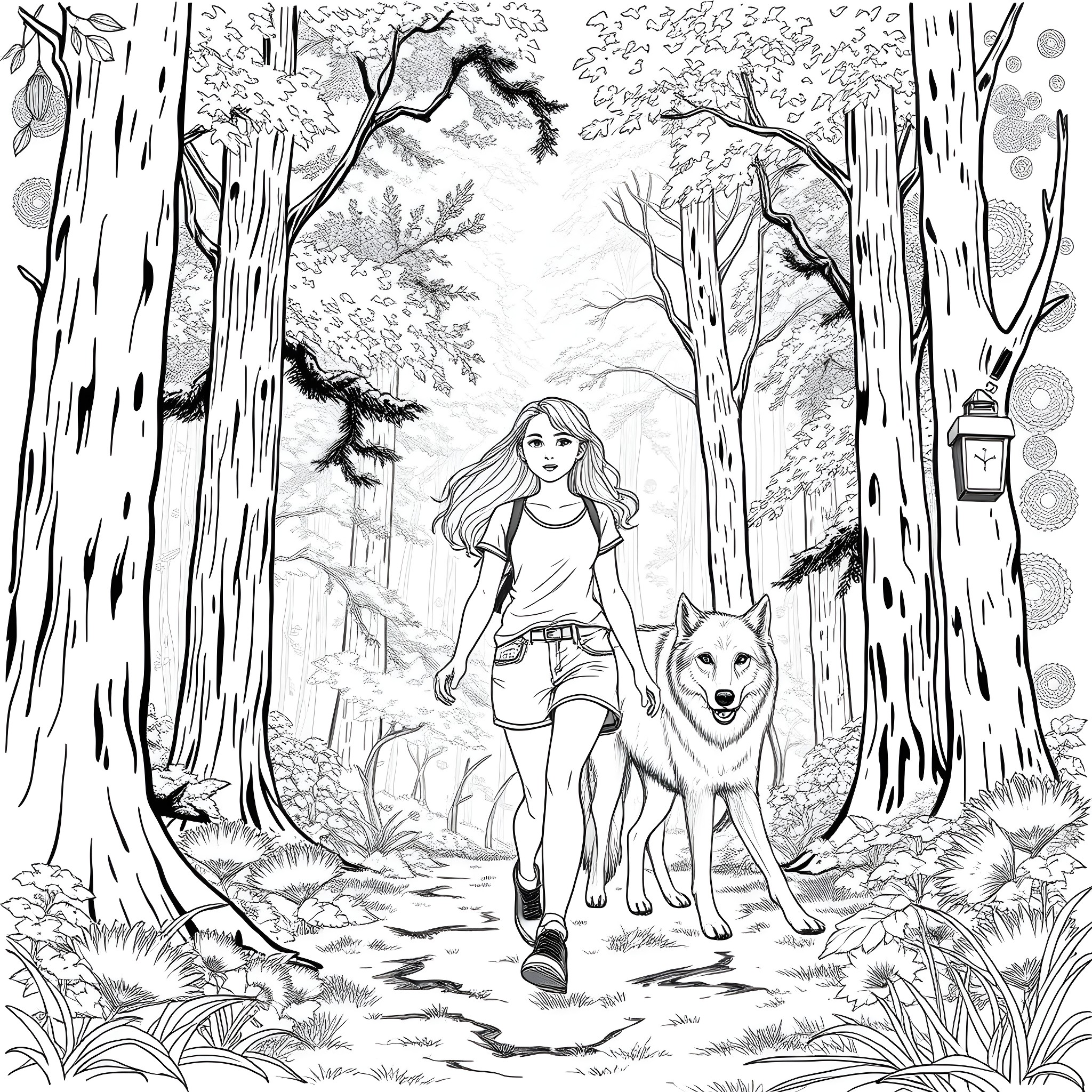 Teenage Girl Walking Through the Enchanting Forest with Her Loyal Companion Coloring Page (free black-and-white line drawing printable PDF for all, from beginners to advanced learners, including children, teens, adults, and seniors)