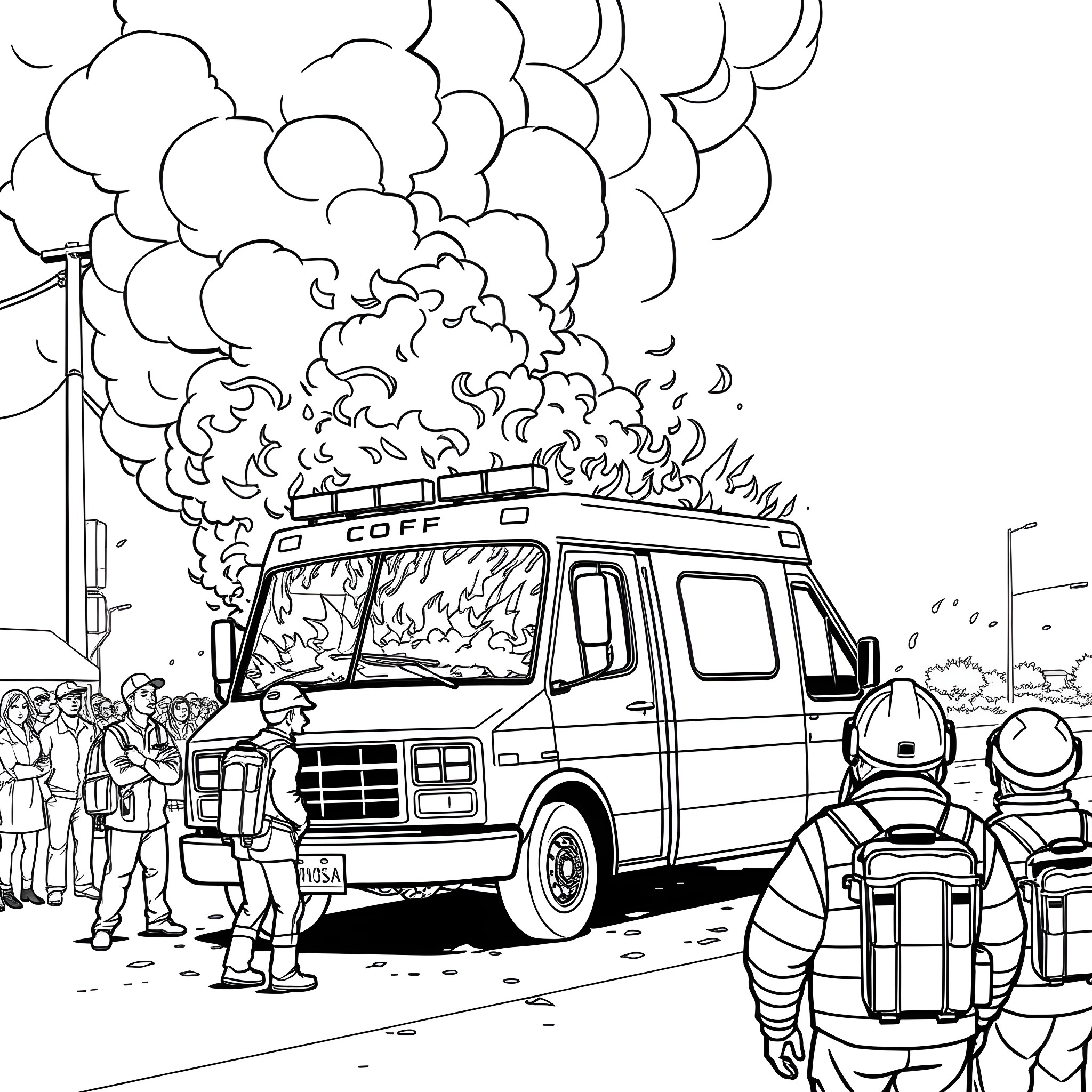 Ambulance responding to emergency with thick smoke billowing Coloring Page (free black-and-white line drawing printable PDF for all, from beginners to advanced learners, including children, teens, adults, and seniors)
