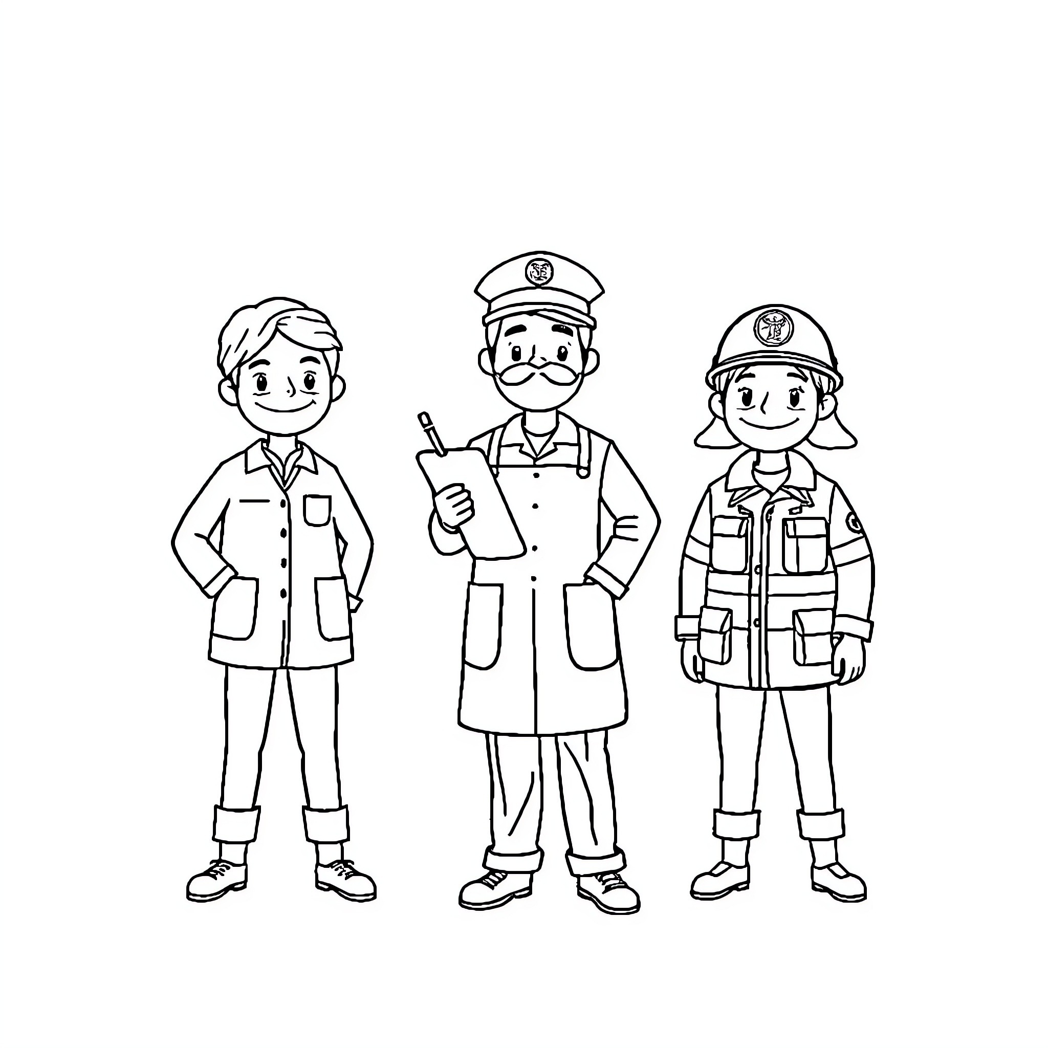Professions of workers in different uniforms Coloring Page (free black-and-white line drawing printable PDF for all, from beginners to advanced learners, including children, teens, adults, and seniors)