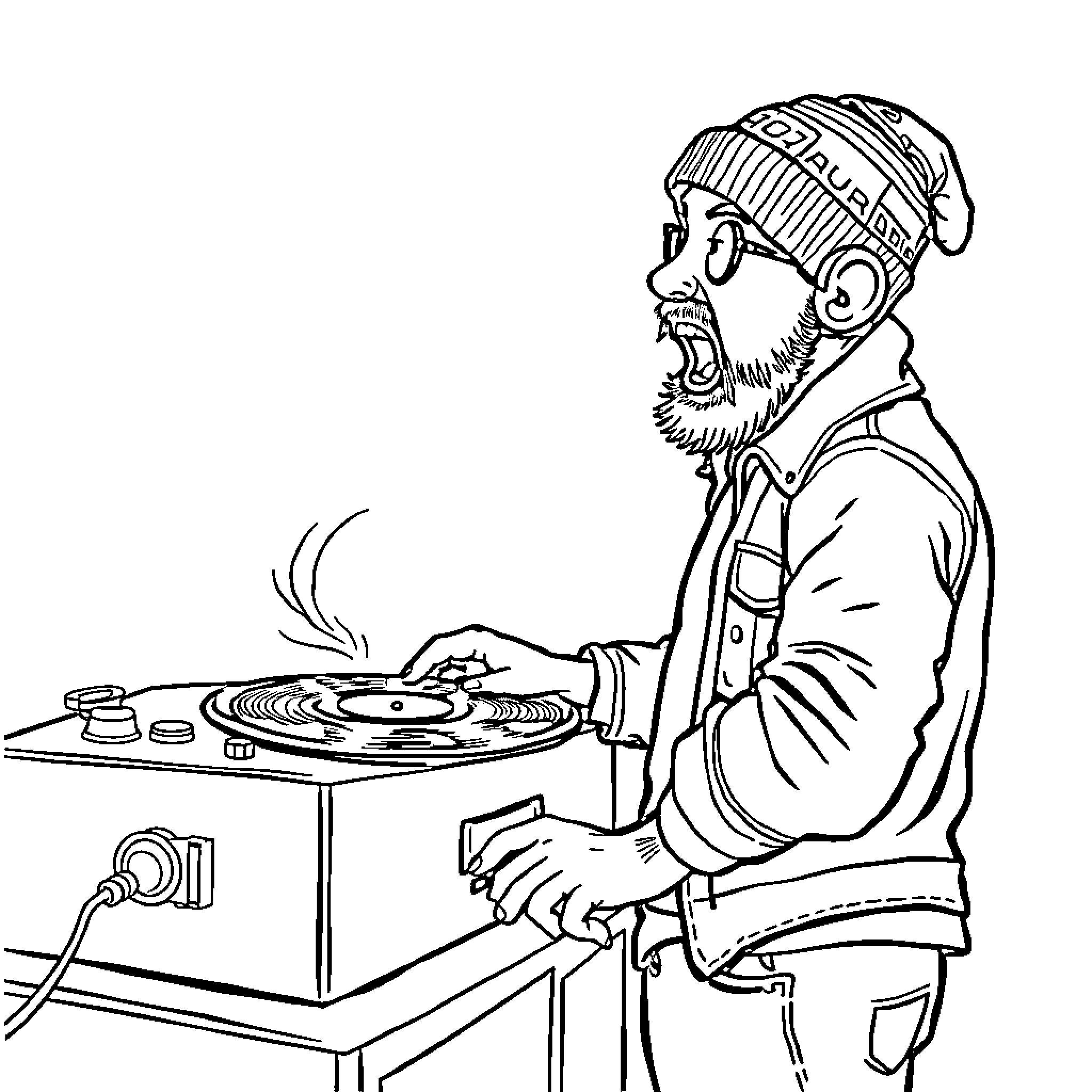 Hipster DJ mixing beats with passion Coloring Page (free black-and-white line drawing printable PDF for all, from beginners to advanced learners, including children, teens, adults, and seniors)