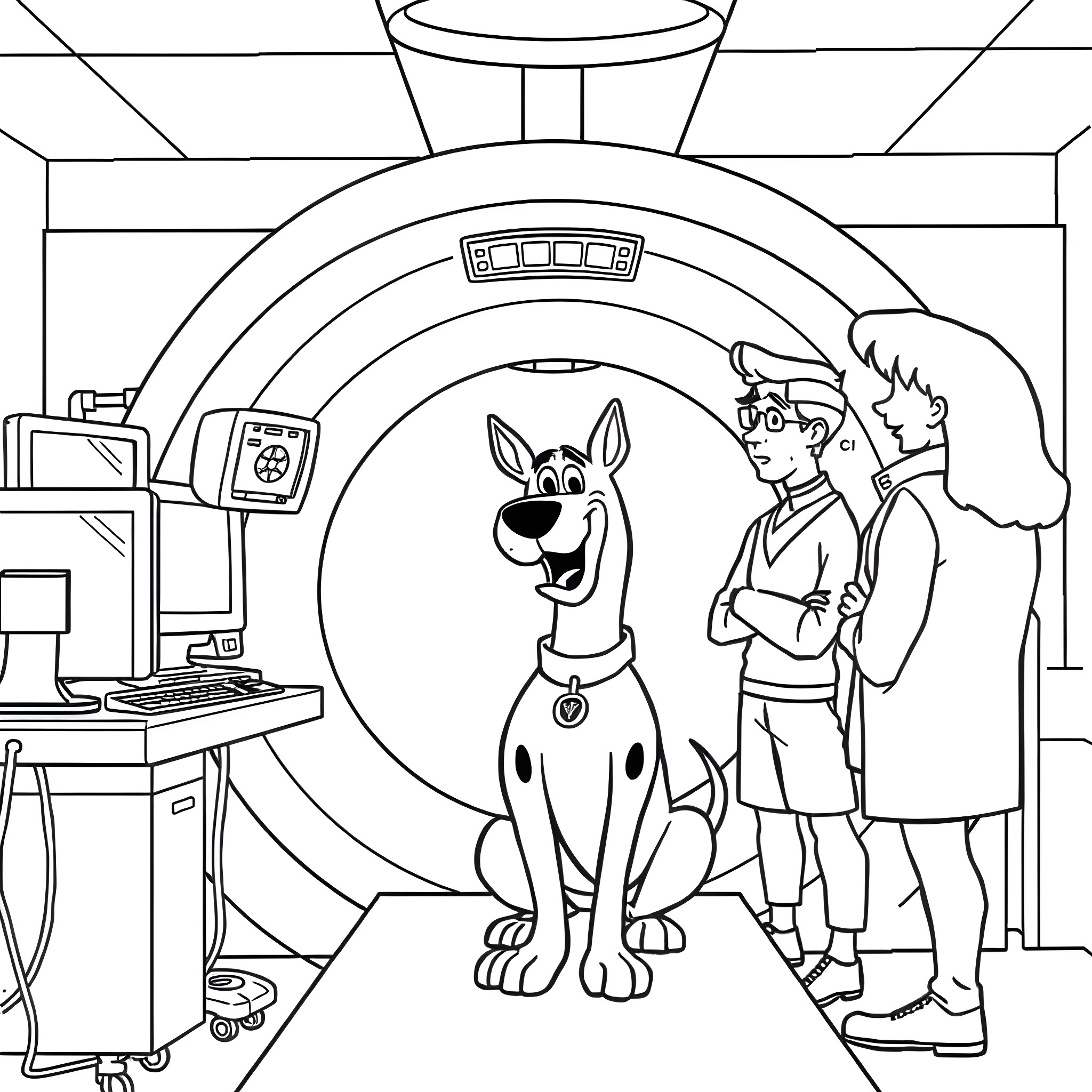 Scooby Doo and friends in a medical scanner Coloring Page (free black-and-white line drawing printable PDF for all, from beginners to advanced learners, including children, teens, adults, and seniors)