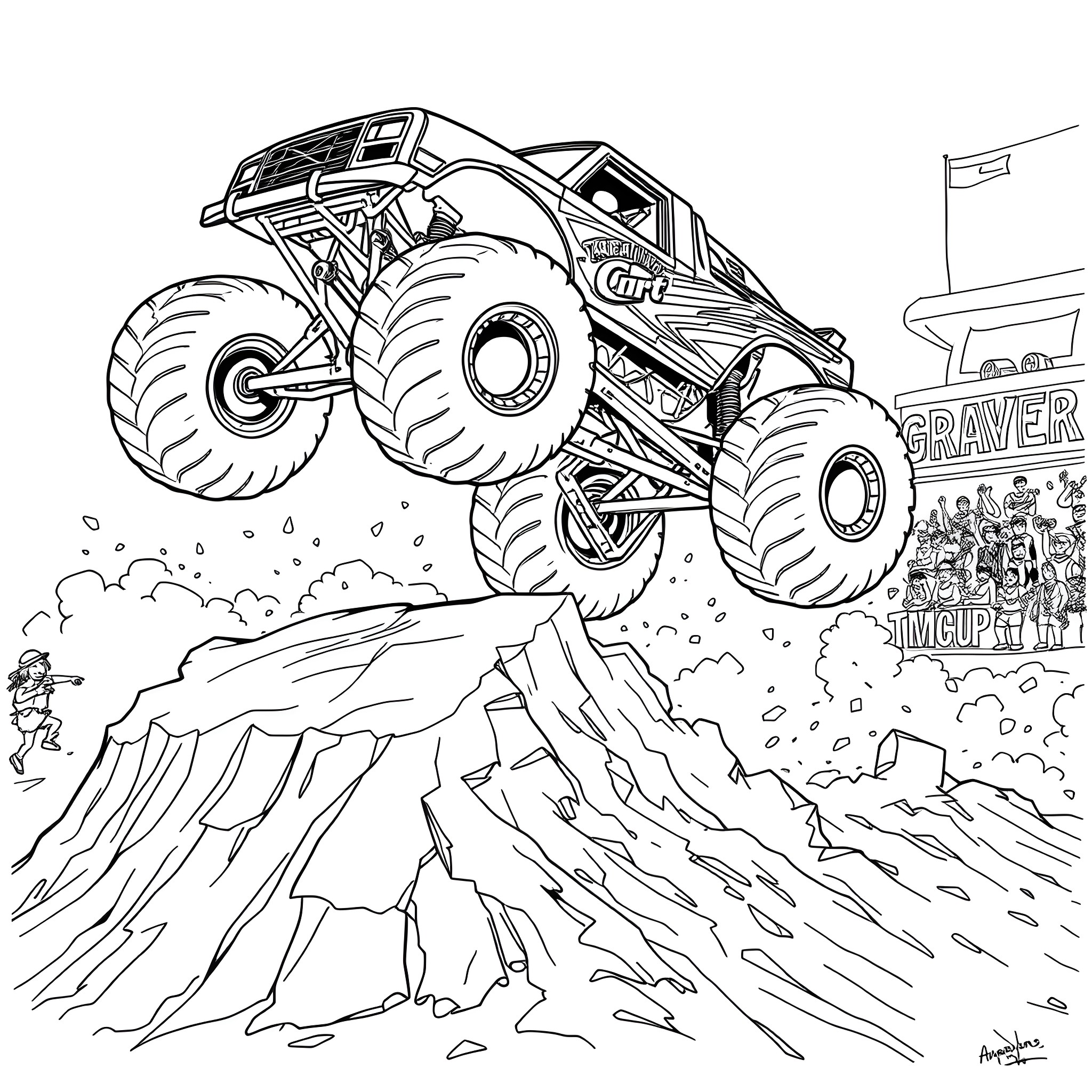 Monster Truck Conquering Rocky Terrain Coloring Page (free black-and-white line drawing printable PDF for all, from beginners to advanced learners, including children, teens, adults, and seniors)