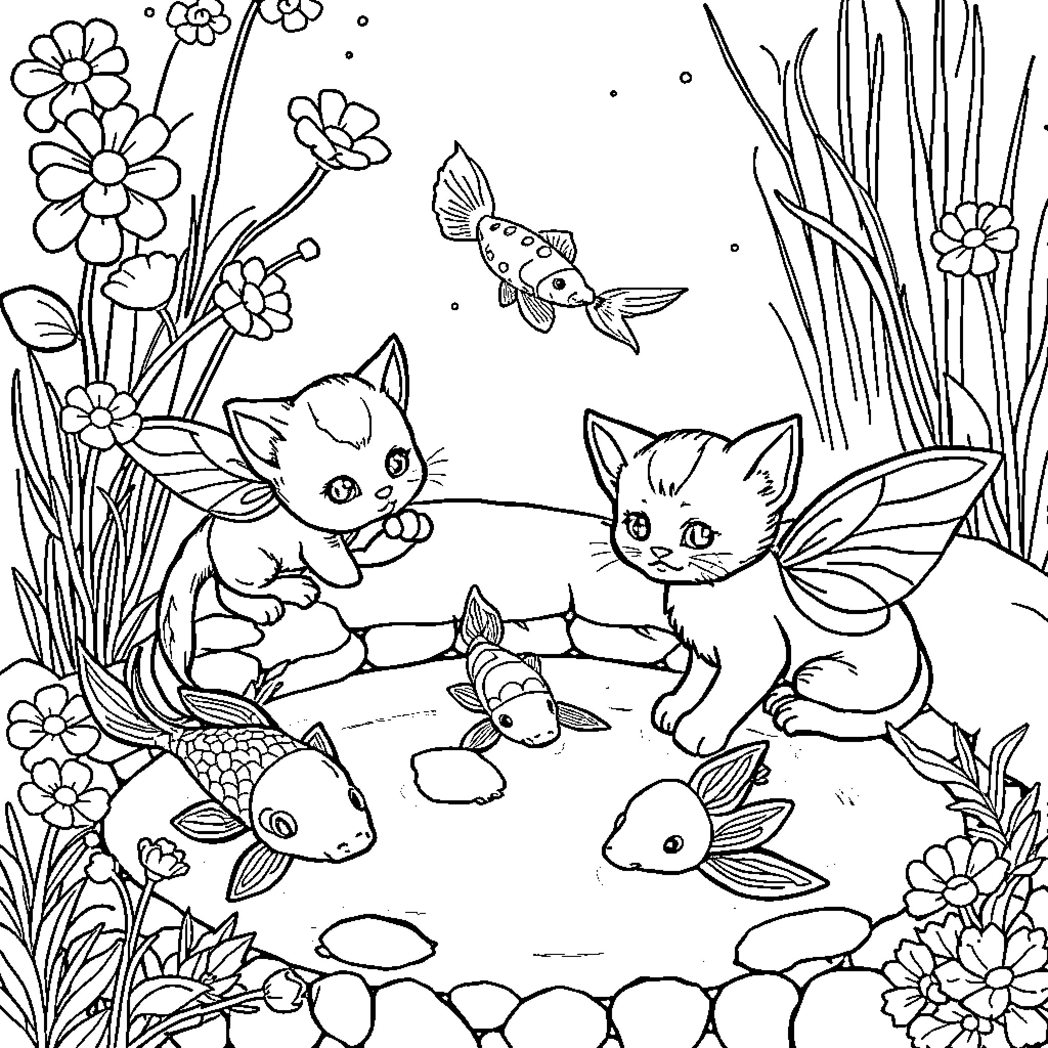 Cat Kittens Exploring Pond with Flowers and Fish Coloring Page (free black-and-white line drawing printable PDF for all, from beginners to advanced learners, including children, teens, adults, and seniors)