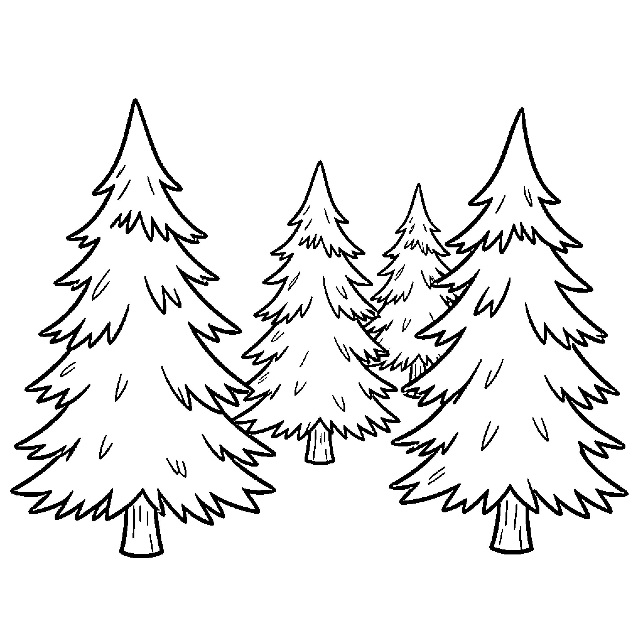 Fir Tree standing together in a forest group Coloring Page (free black-and-white line drawing printable PDF for all, from beginners to advanced learners, including children, teens, adults, and seniors)