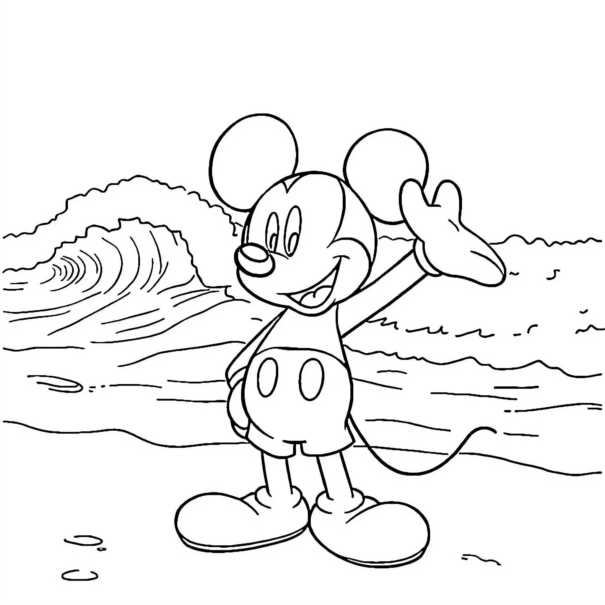 Mickey Mouse Enjoys the Beach Scenery Coloring Page (free black-and-white line drawing printable PDF for all, from beginners to advanced learners, including children, teens, adults, and seniors)