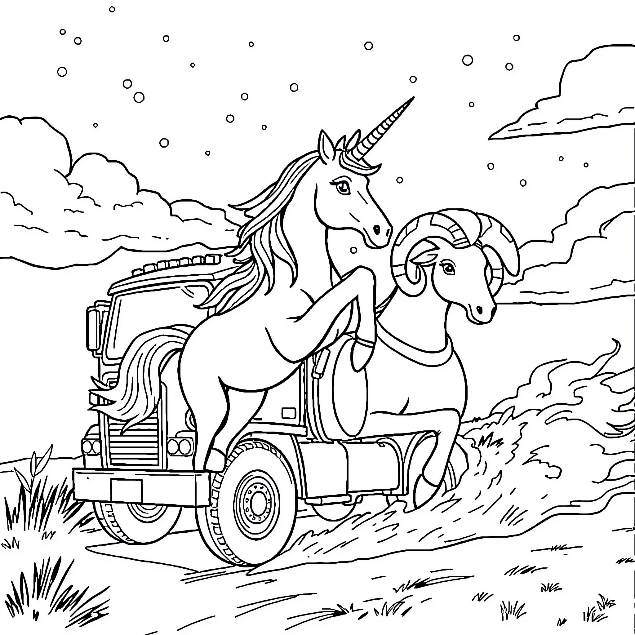 Unicorn duo riding on a magical vehicle Coloring Page (free black-and-white line drawing printable PDF for all, from beginners to advanced learners, including children, teens, adults, and seniors)
