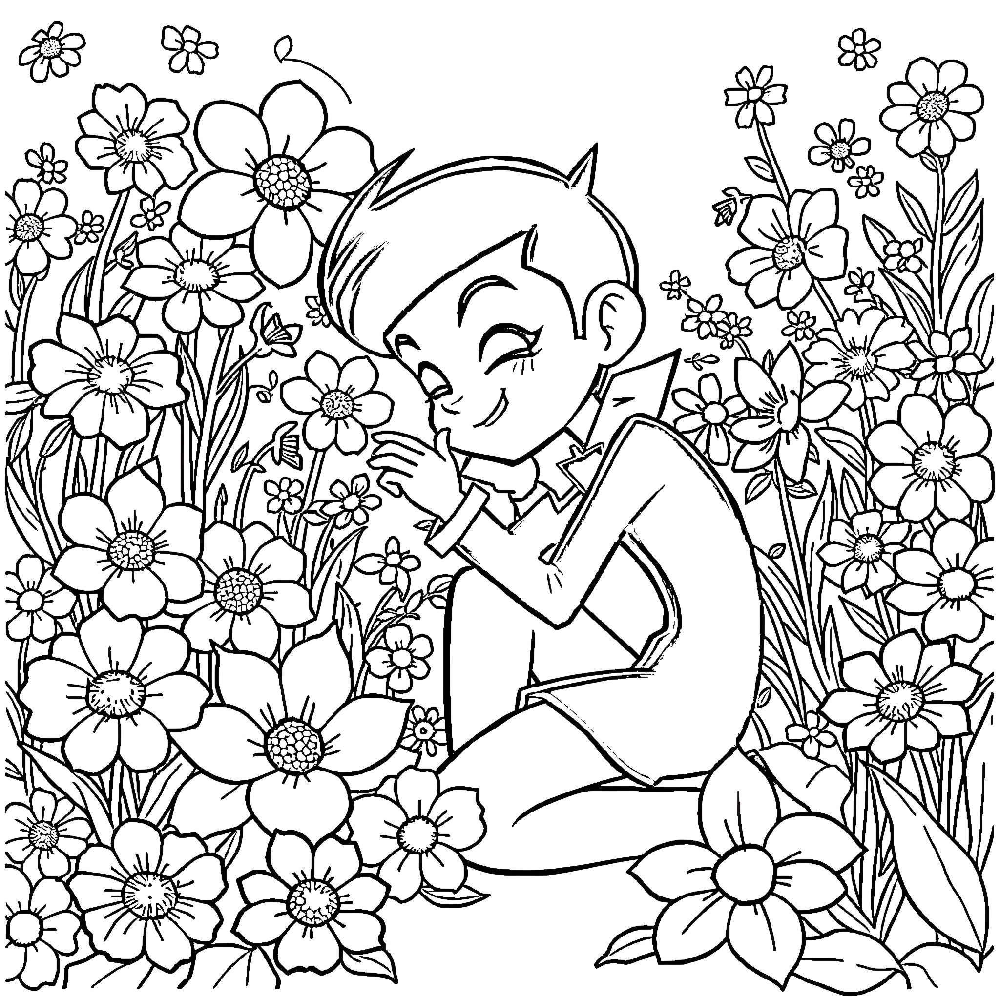 Danny Phantom enjoying the flowers in a garden Coloring Page (free black-and-white line drawing printable PDF for all, from beginners to advanced learners, including children, teens, adults, and seniors)