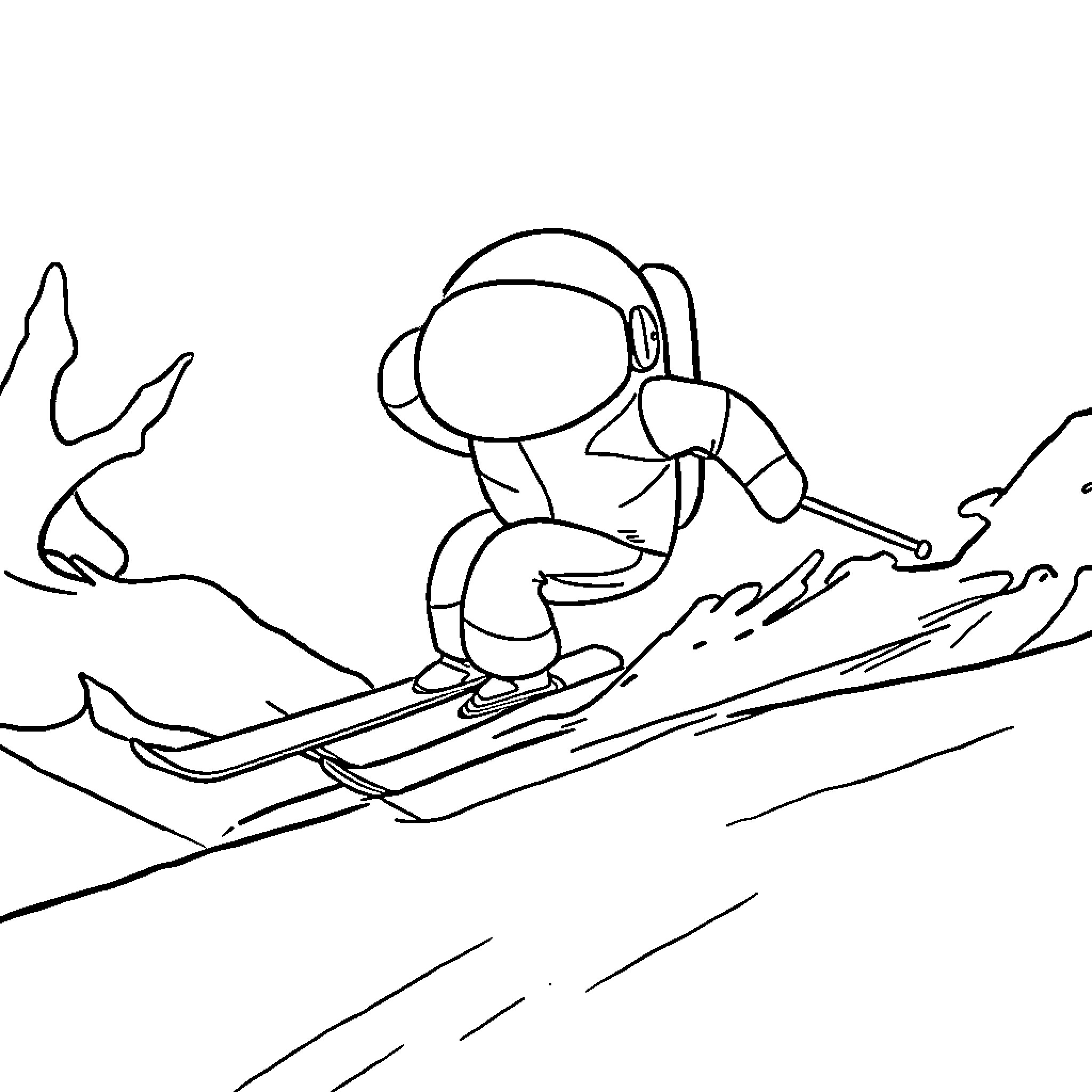 Among Us Character Skiing Down the Slopes Coloring Page (free black-and-white line drawing printable PDF for all, from beginners to advanced learners, including children, teens, adults, and seniors)