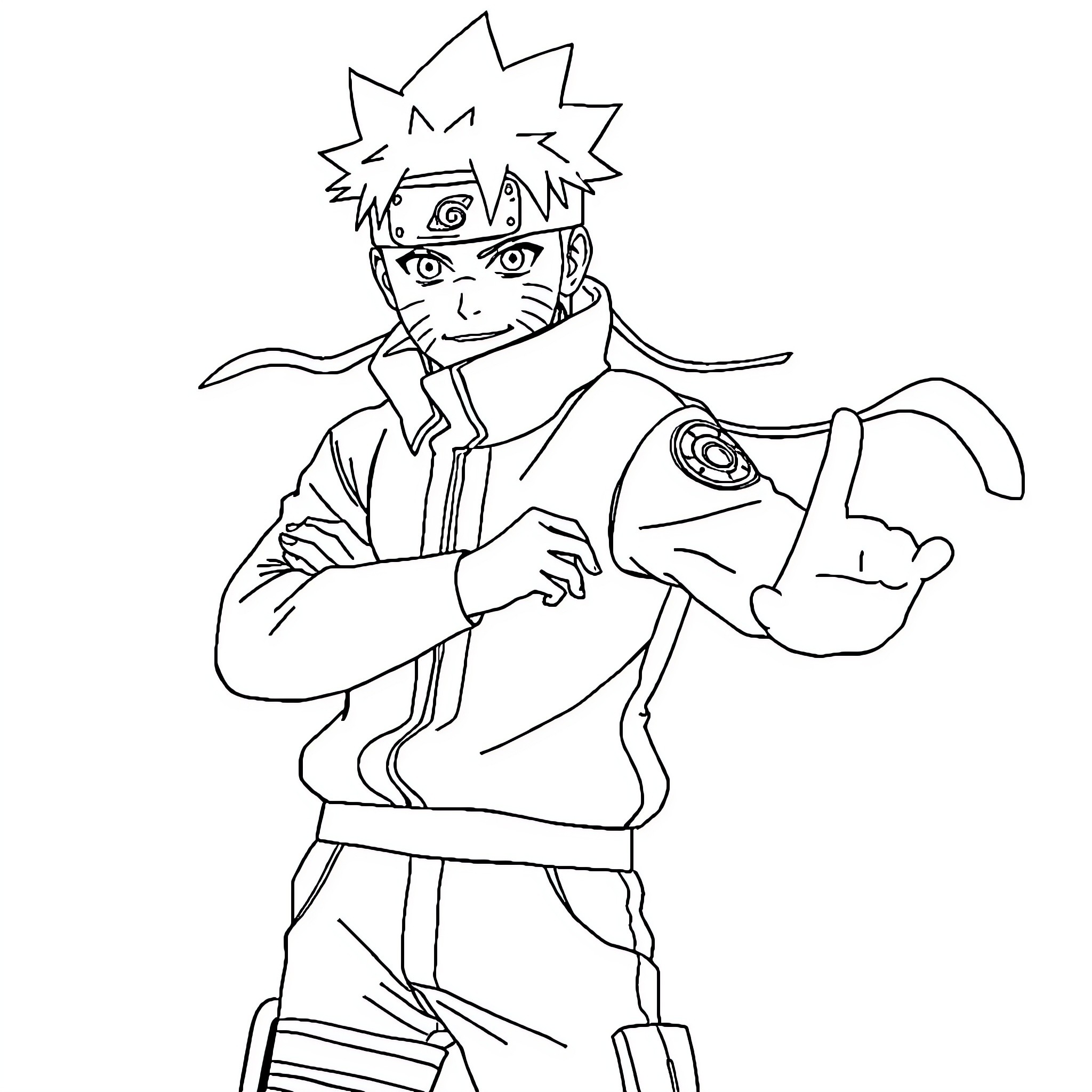 Naruto Anime Character in Confident Pose Coloring Page (free black-and-white line drawing printable PDF for all, from beginners to advanced learners, including children, teens, adults, and seniors)