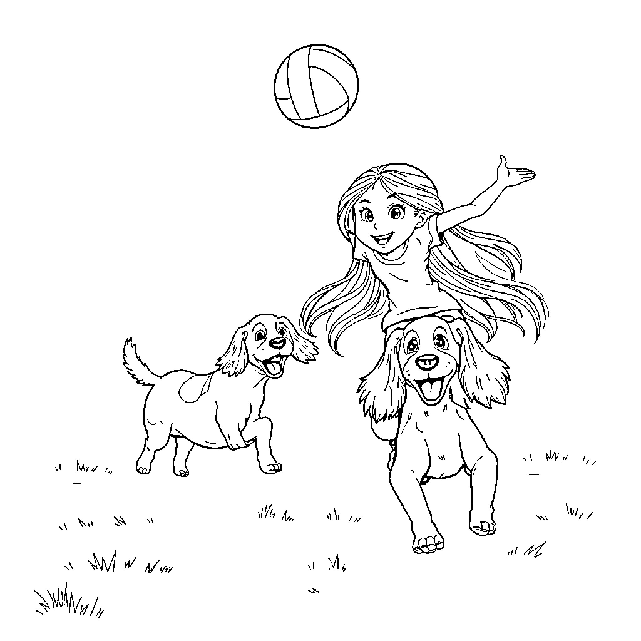 Girl playing joyfully with dogs in the field Coloring Page (free black-and-white line drawing printable PDF for all, from beginners to advanced learners, including children, teens, adults, and seniors)