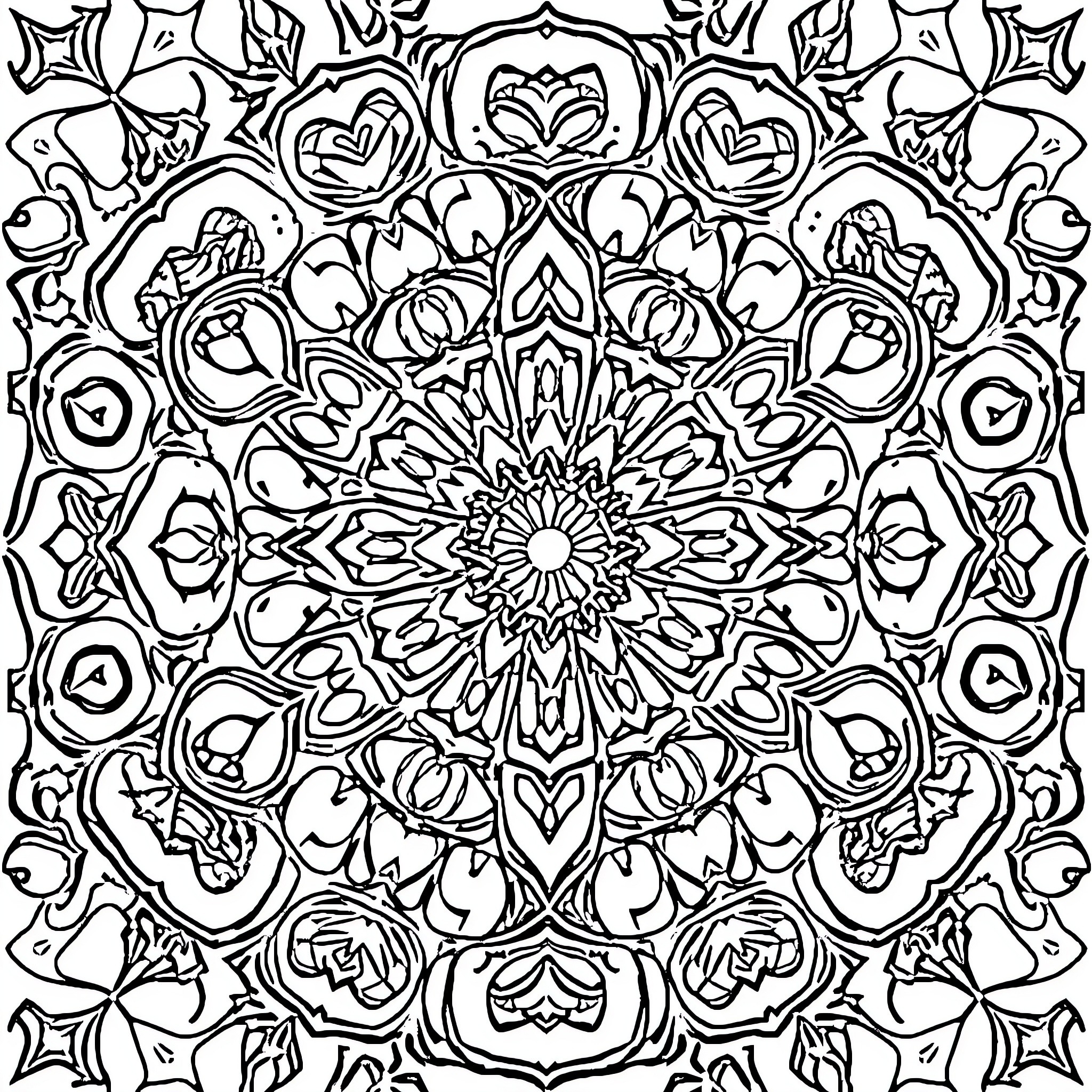 Mandala of Intricate Floral Patterns Coloring Page (free black-and-white line drawing printable PDF for all, from beginners to advanced learners, including children, teens, adults, and seniors)