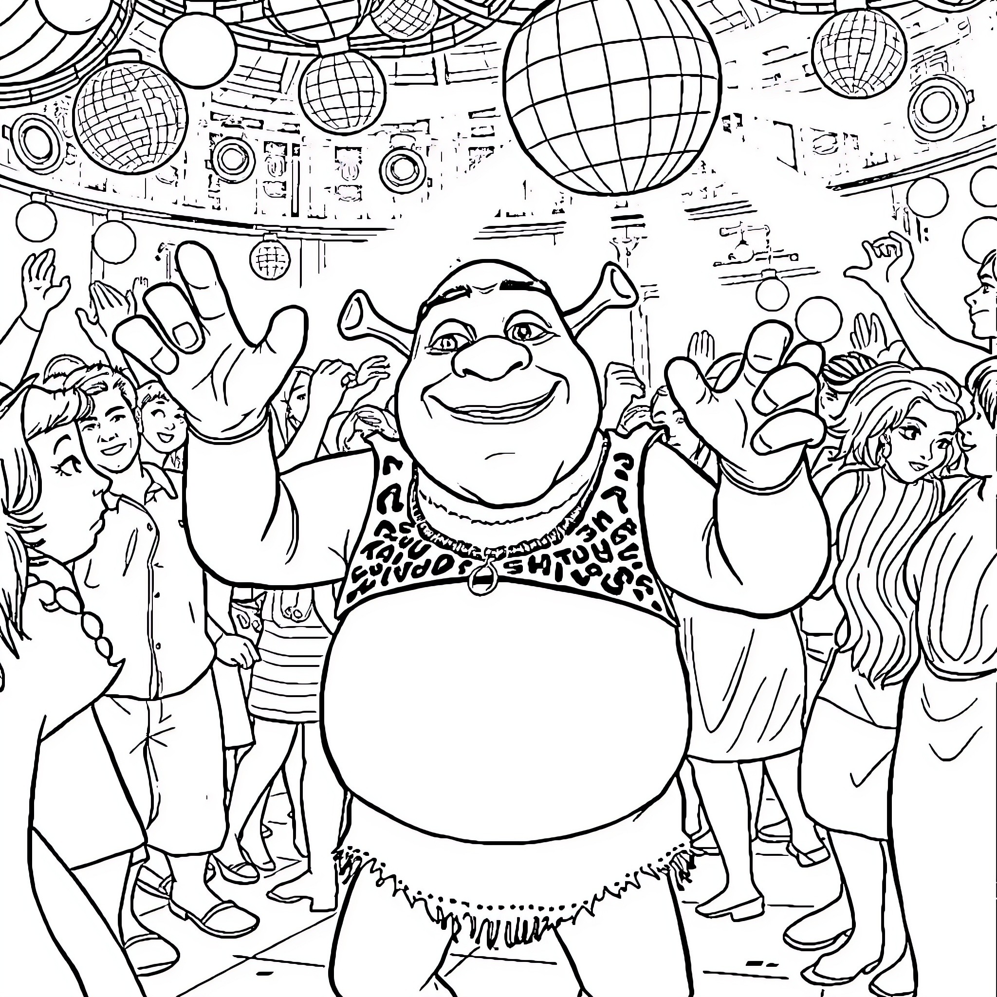 Shrek's Joyful Dance Party with Friends Coloring Page (free black-and-white line drawing printable PDF for all, from beginners to advanced learners, including children, teens, adults, and seniors)