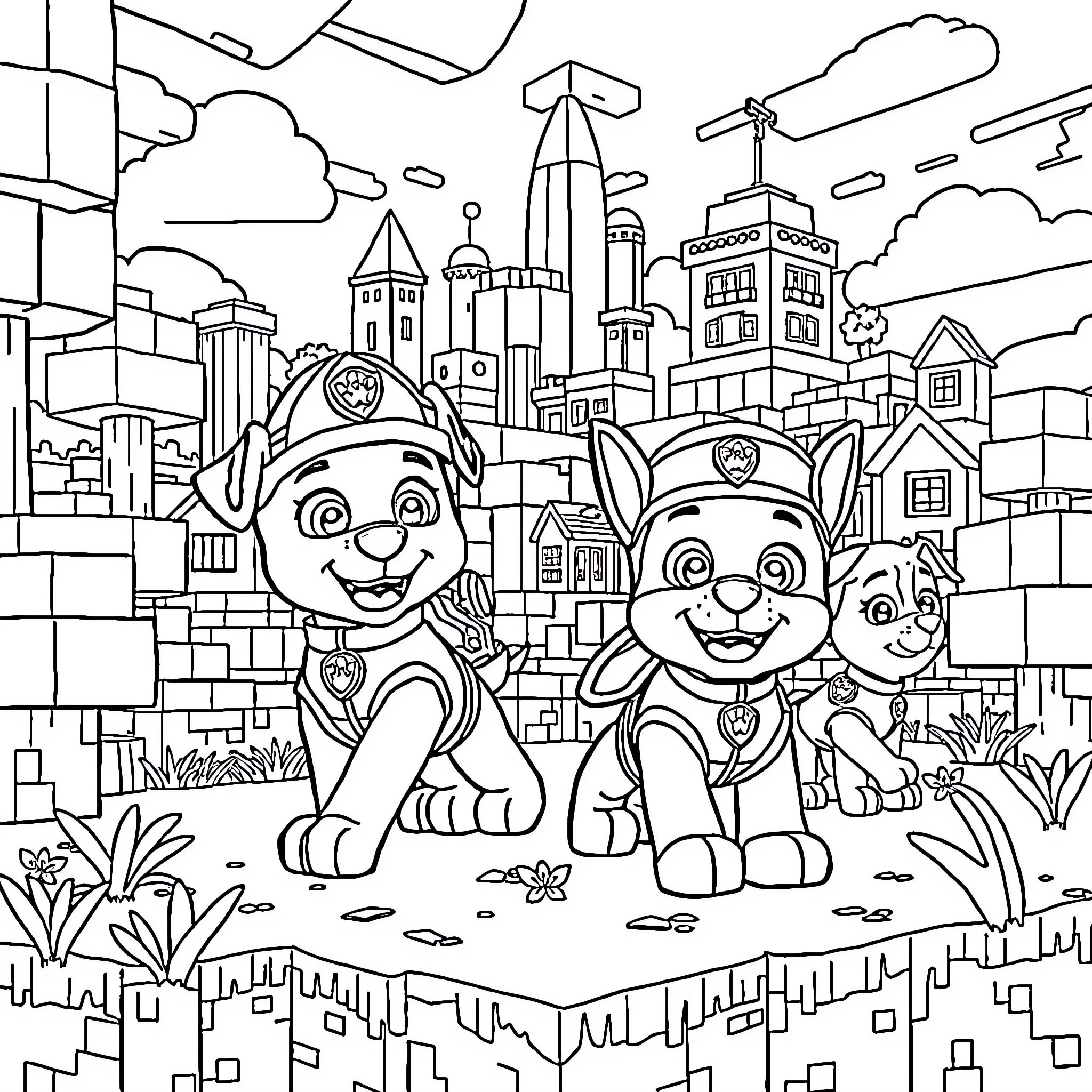 Paw Patrol characters in an urban setting Coloring Page (free black-and-white line drawing printable PDF for all, from beginners to advanced learners, including children, teens, adults, and seniors)