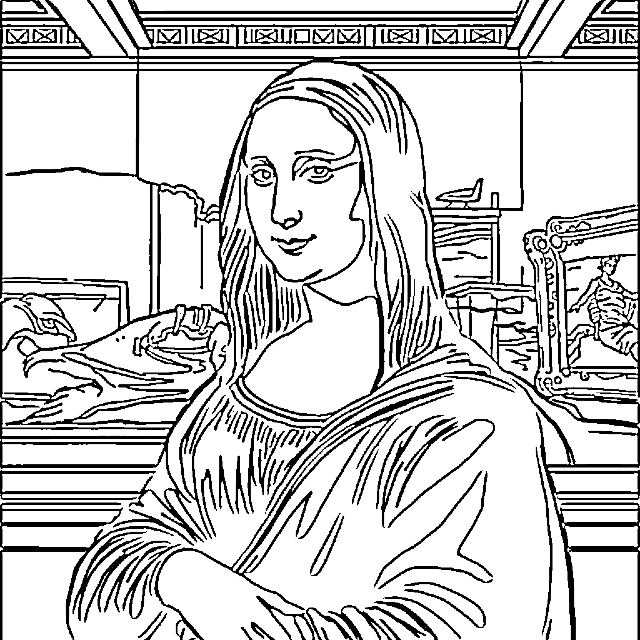 Mona Lisa in museum setting Coloring Page (free black-and-white line drawing printable PDF for all, from beginners to advanced learners, including children, teens, adults, and seniors)